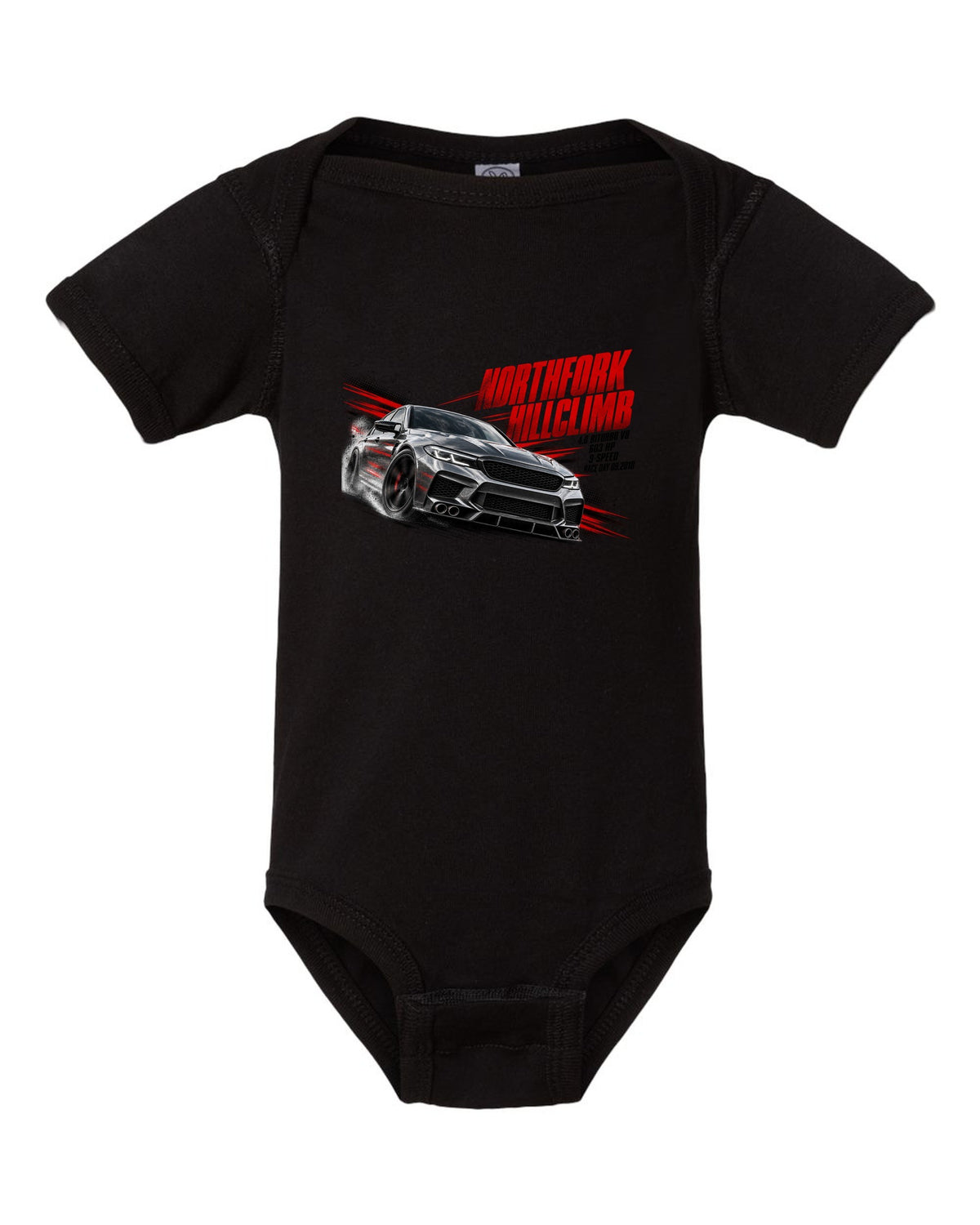 print race poster of a Mercedes W213 E63 S sedan for a hillclimb with text 4.0 Biturbo race day 09.2018 black baby onesie front view with the design