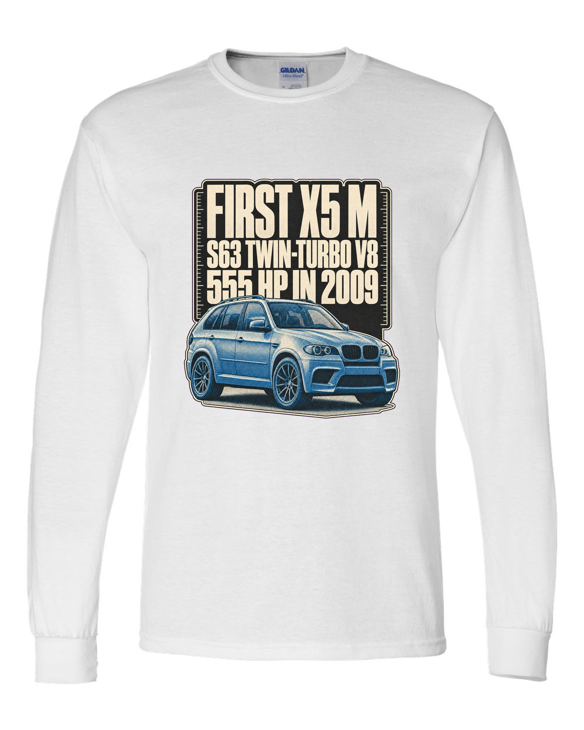 BMW X5 M E70 halftone print on a tee white long sleeve front view with the design