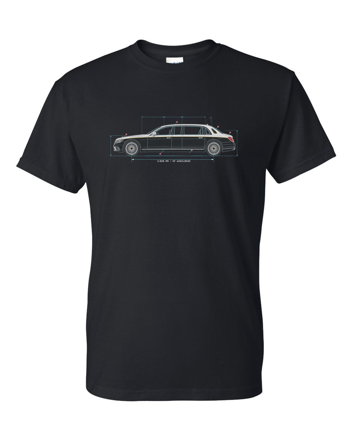 Maybach 62 S W240 Limousine Side Blueprint Tee black t-shirt front view with the design