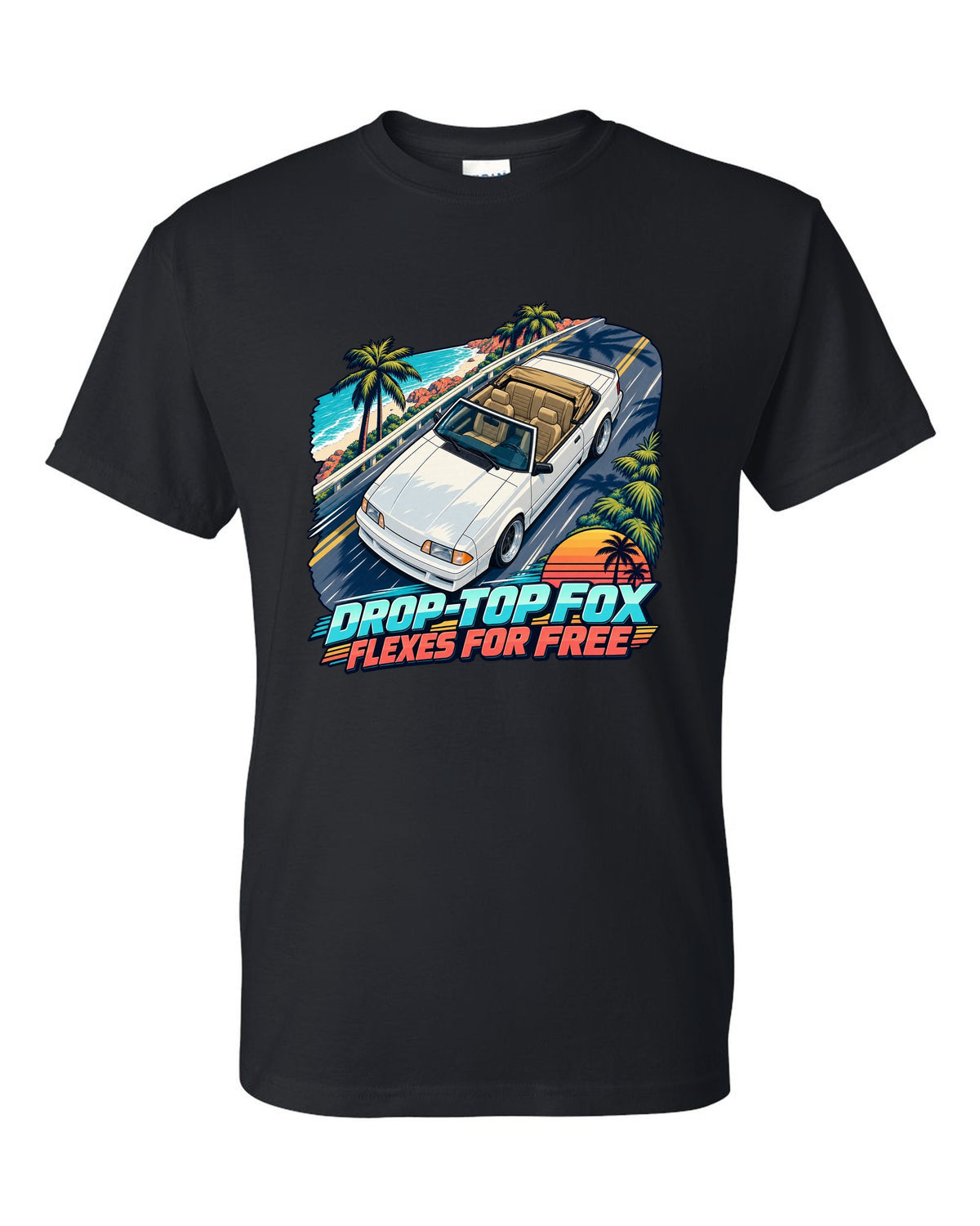 Cel-shaded anime print of a Ford Mustang Fox Body convertible seen from above black t-shirt front view with the design