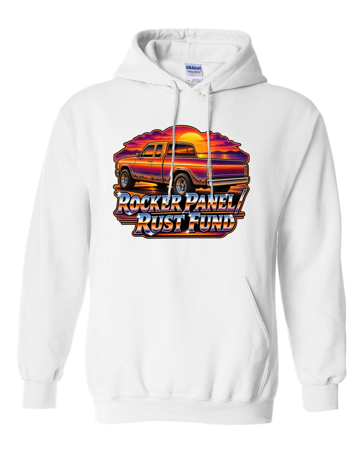 70s airbrush sunset print of a 1999-2006 Chevrolet Silverado GMT800 with Rocker Panel Rust Fund text white pull over hoodie front view with the design