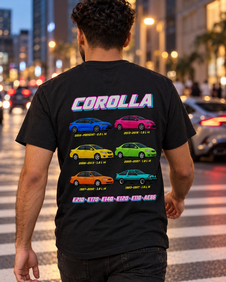 Toyota Corolla Evolution Poster Full-Back Graphic Tee T-Shirt Black worn hero