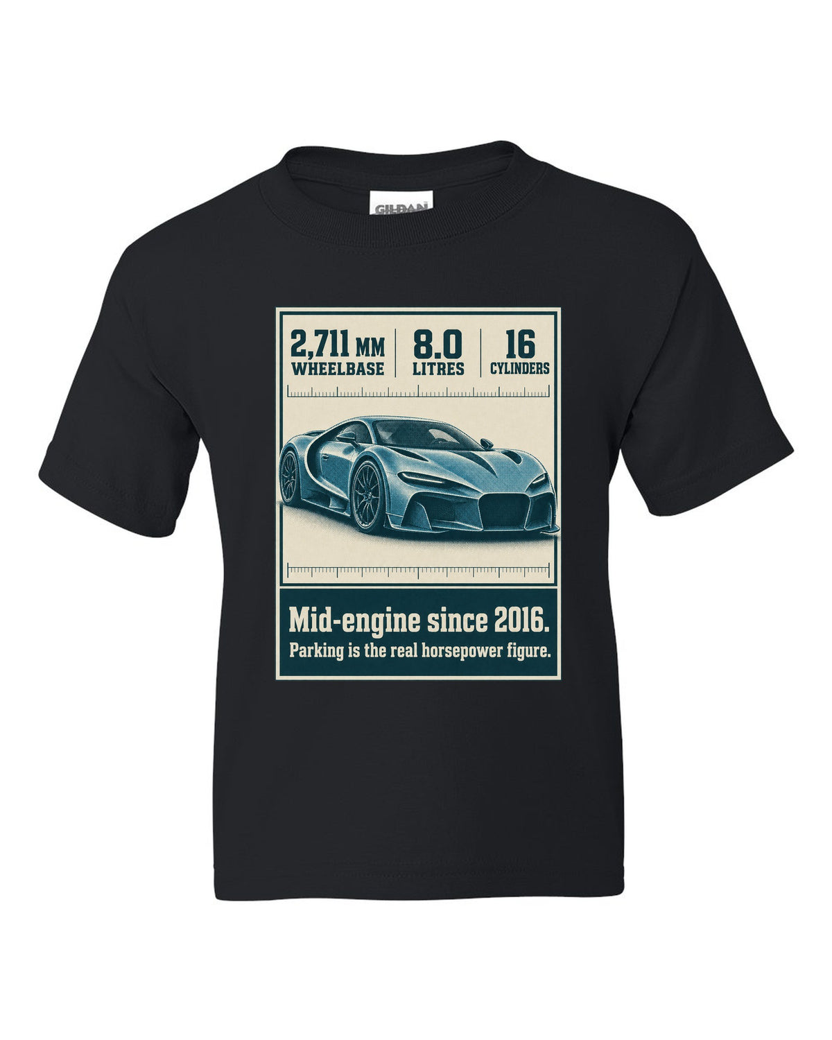 Bugatti Chiron Sport halftone print with wheelbase and engine facts black kids tee front view with the design