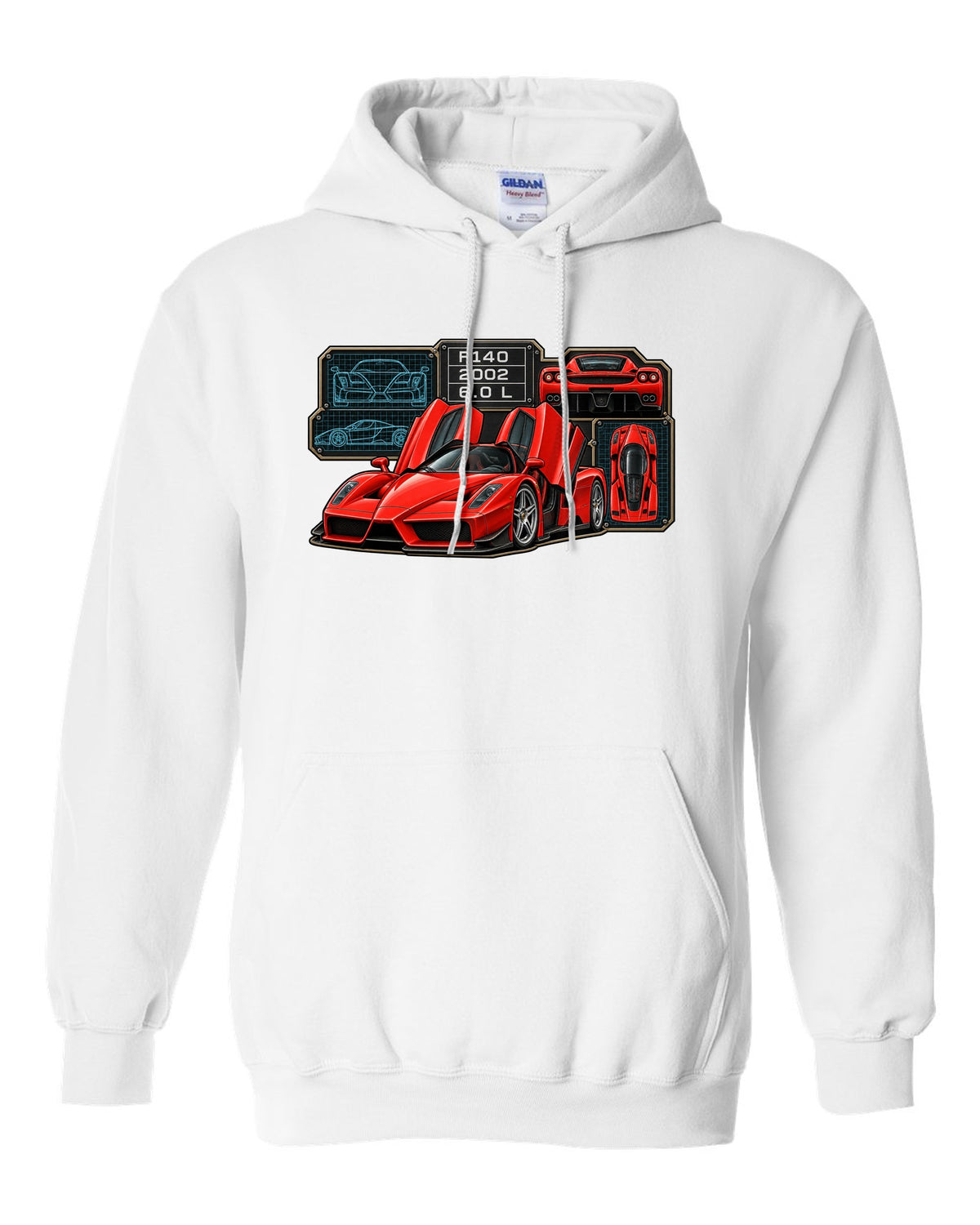 Spec-sheet data plate print of the Ferrari Enzo F140 with the text F140, 2002, 6.0 L white pull over hoodie front view with the design
