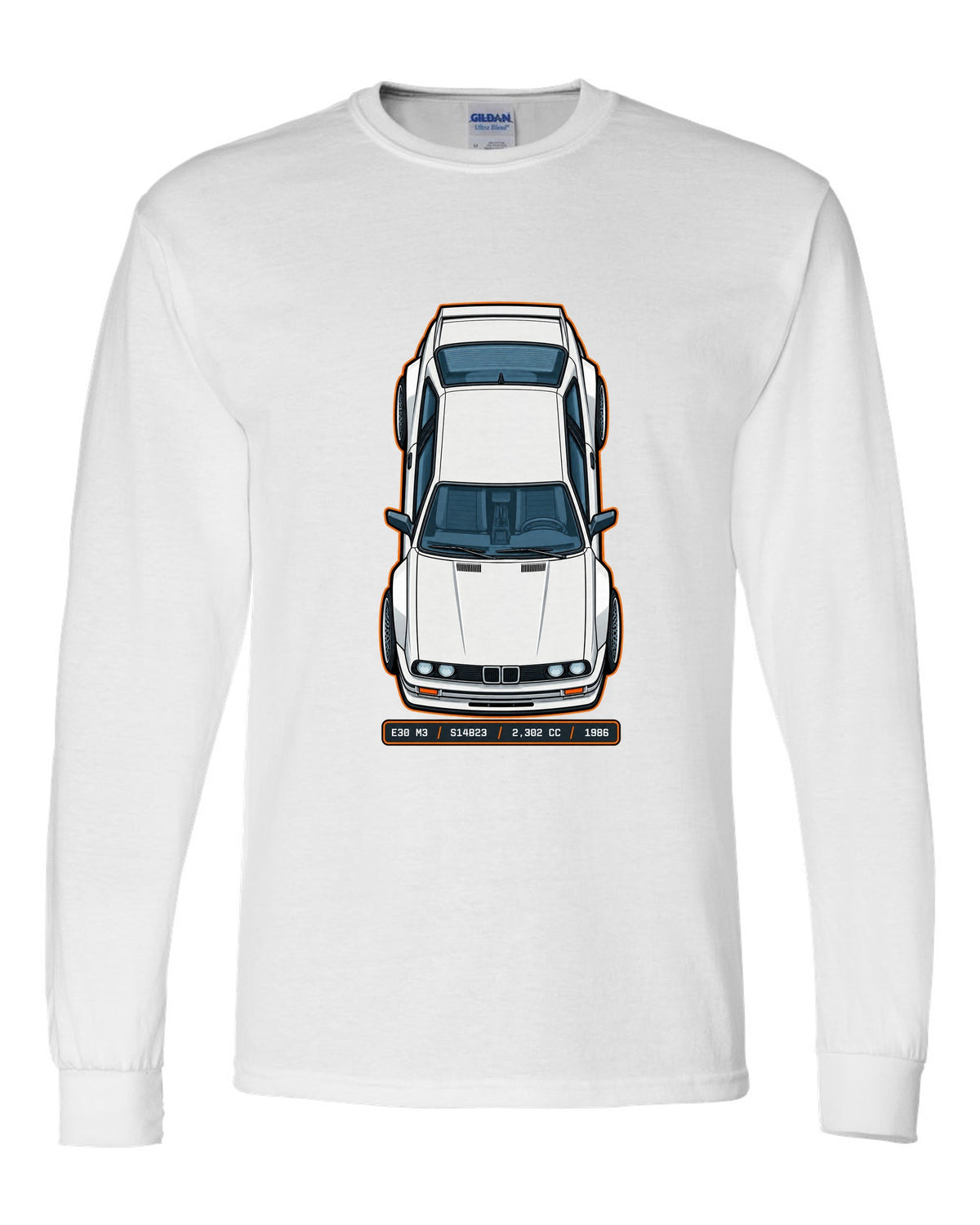 Top view spec sheet print of a BMW E30 M3 with S14B23 2,302 cc 1986 data plate text white long sleeve front view with the design