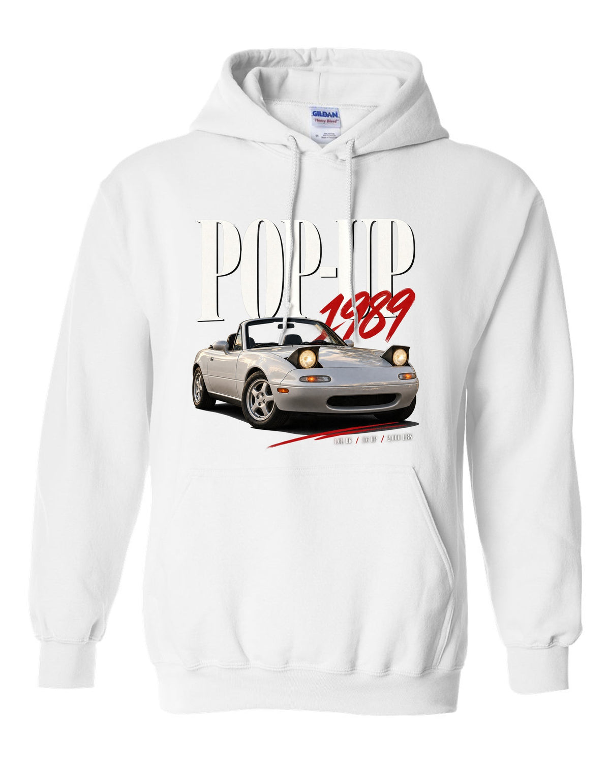 Editorial headline print for the Mazda MX-5 NA 1989-97 reading pop-up, 1989, 1.6L B6 white pull over hoodie front view with the design