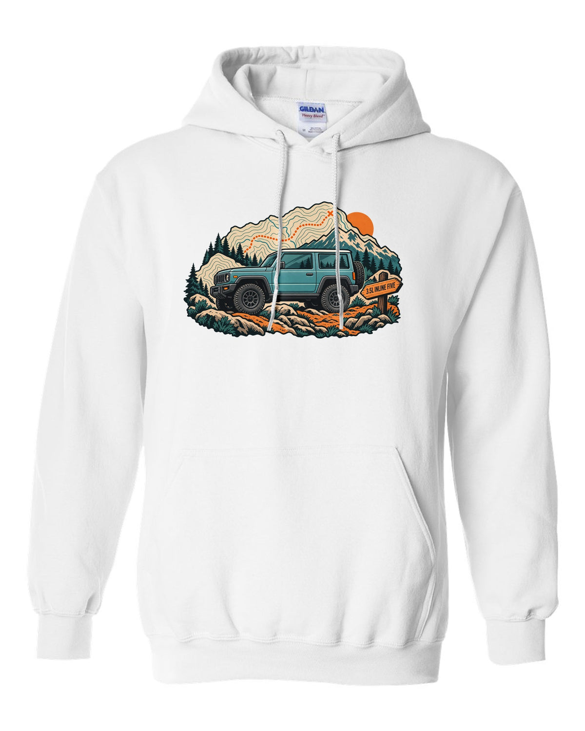 Topographic trail map print of a 2006-10 Hummer H3 with 3.5L inline five lettering white pull over hoodie front view with the design
