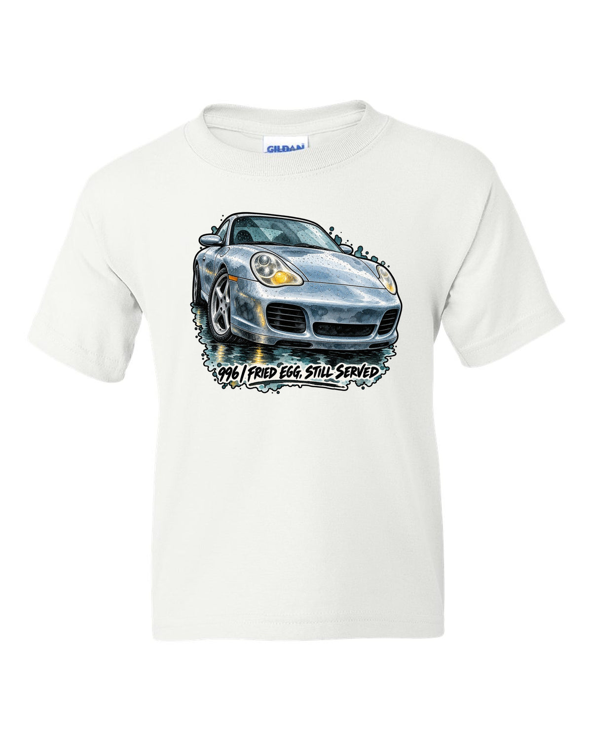 Watercolour ink wash of a Porsche 911 996 on a wet road white kids tee front view with the design