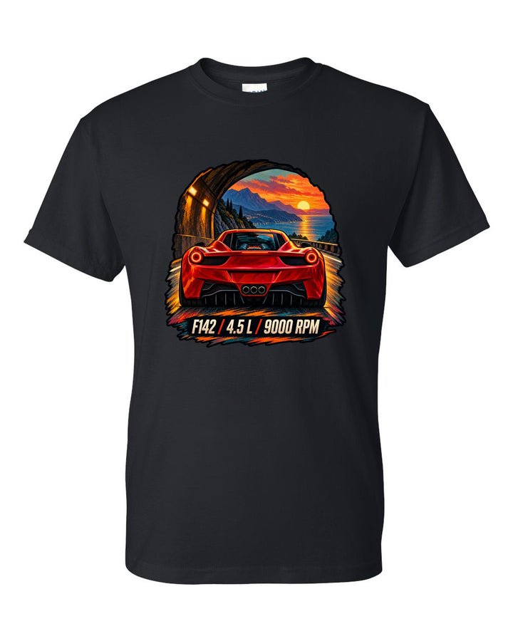 Cinematic gouache print of a Ferrari 458 Italia F142 leaving a tunnel with the text F142, 4.5 L, 9000 RPM black t-shirt front view with the design