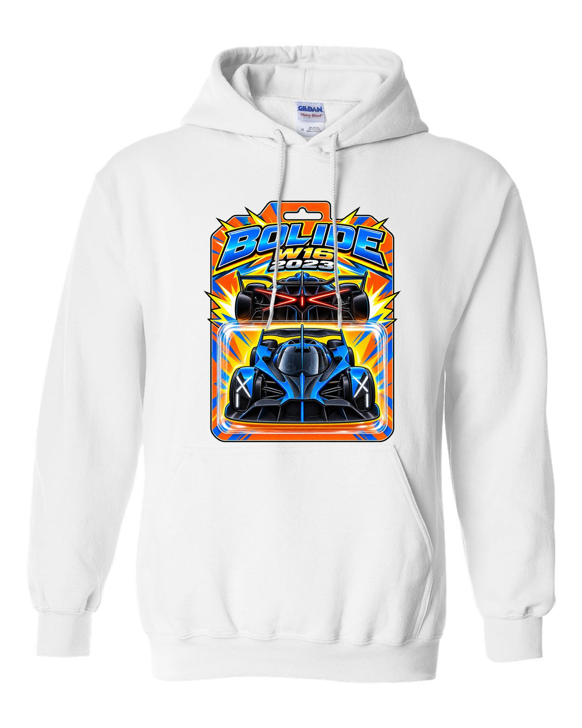 Hot Wheels-style toy blister card illustration of the Bugatti Bolide with BOLIDE W16 2023 lettering white pull over hoodie front view with the design