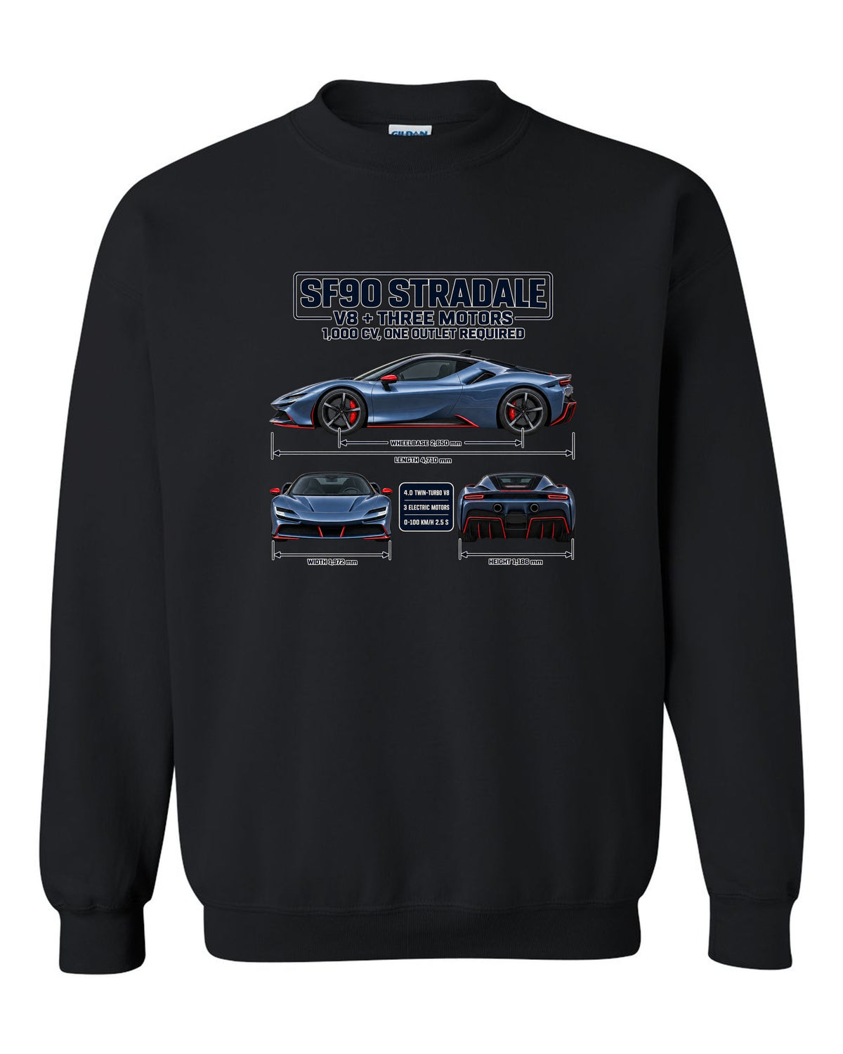 Ferrari SF90 Stradale three-view spec sheet print with V8 plus three motors, 1,000 CV black crewneck front view with the design