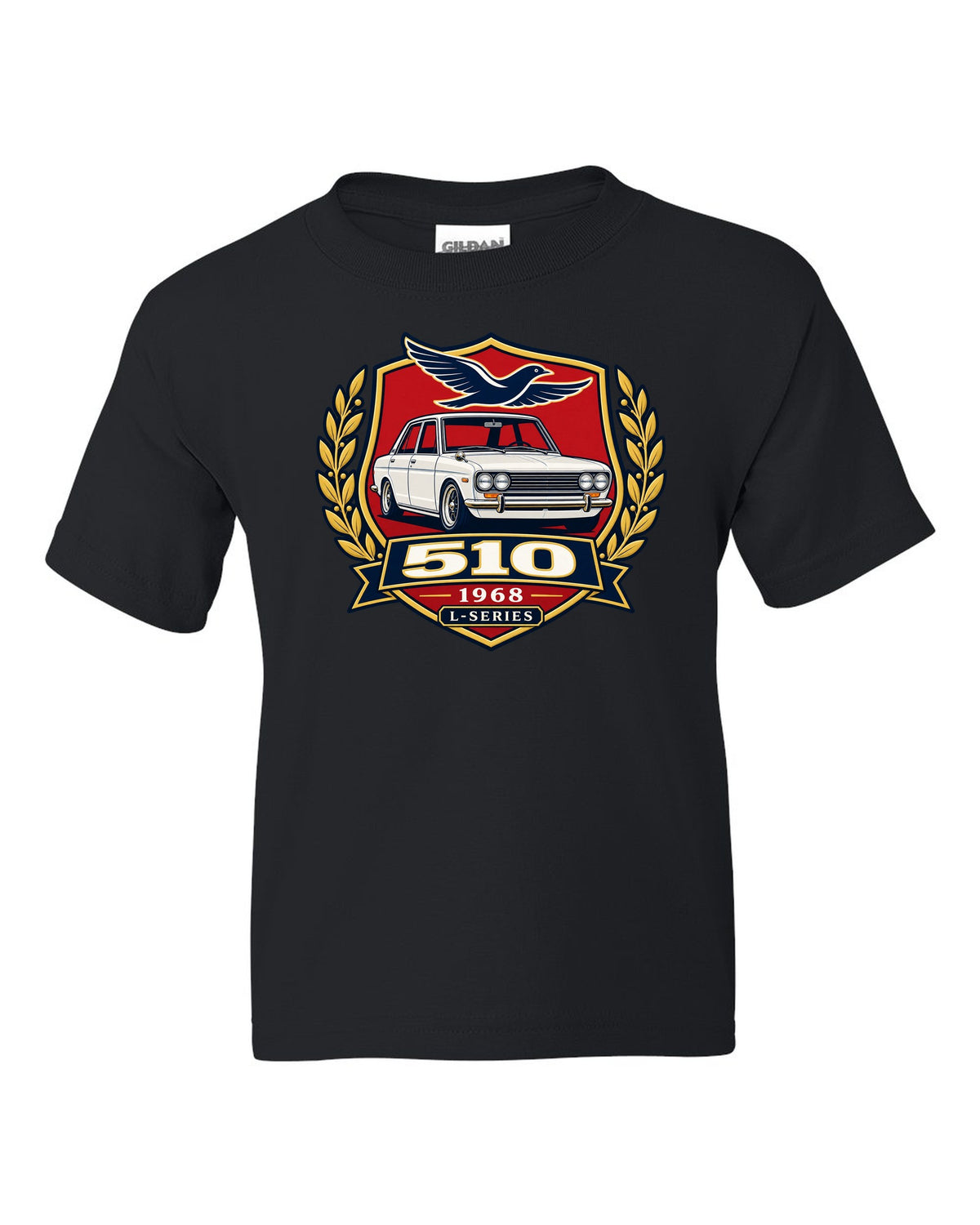 Shield crest print for the Datsun 510 with 510, 1968 and L-Series lettering black kids tee front view with the design