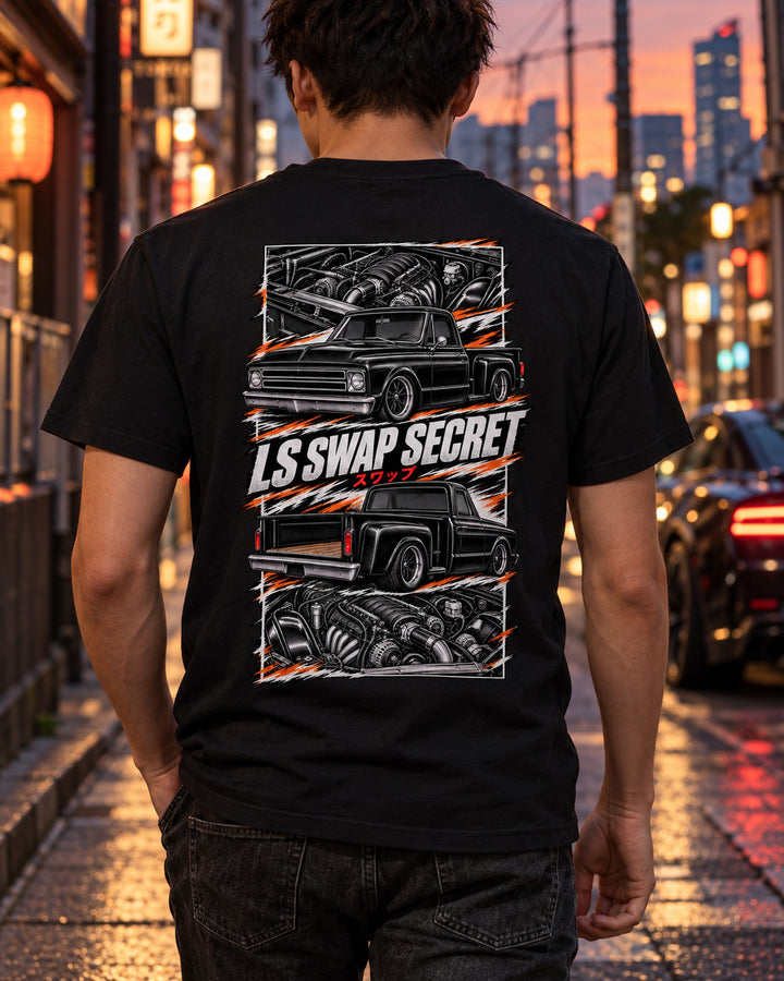 Chevy C10 LS Swap Torn Poster Full-Back Graphic Tee T-Shirt Black worn hero