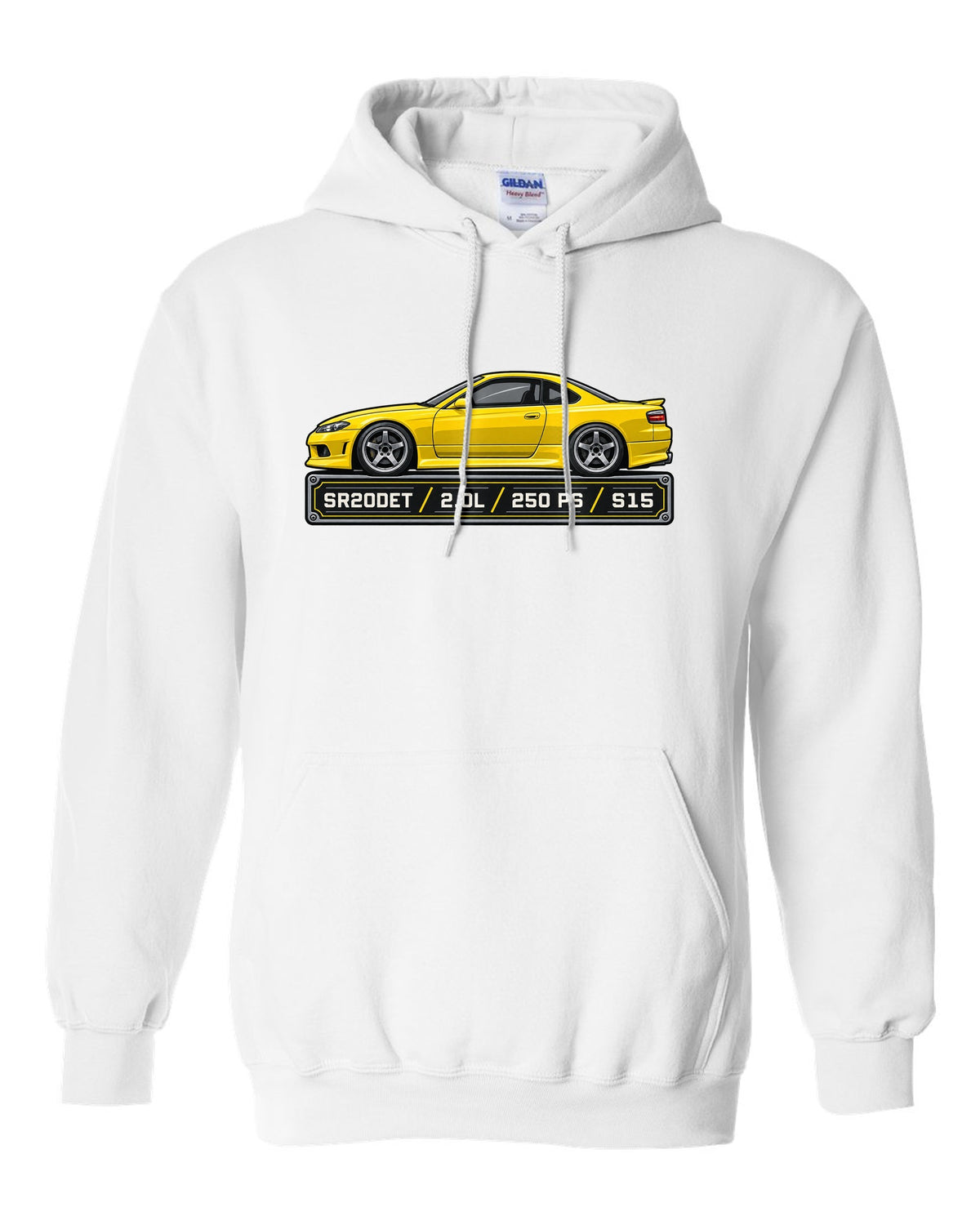 Spec-sheet data plate print for the Nissan Silvia S15 listing SR20DET 2.0L 250 PS white pull over hoodie front view with the design