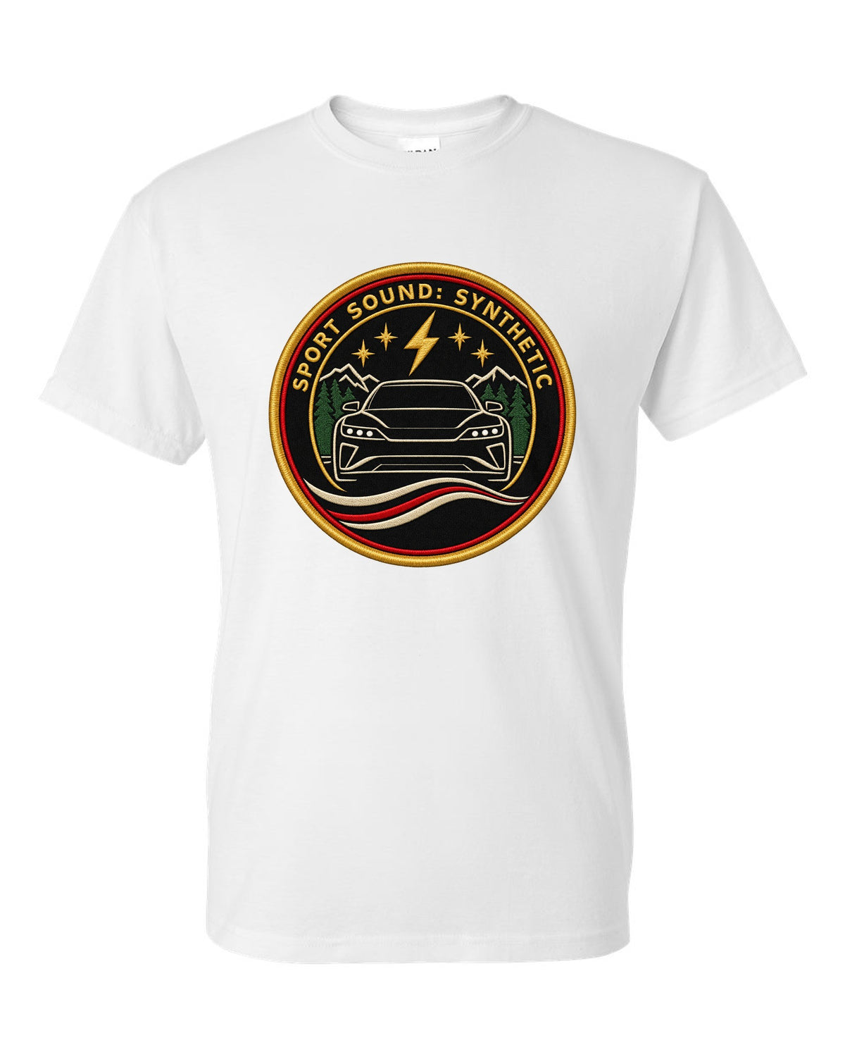 Porsche Taycan Turbo S 9J1 round embroidery-style crest print with the text sport sound synthetic white t-shirt front view with the design