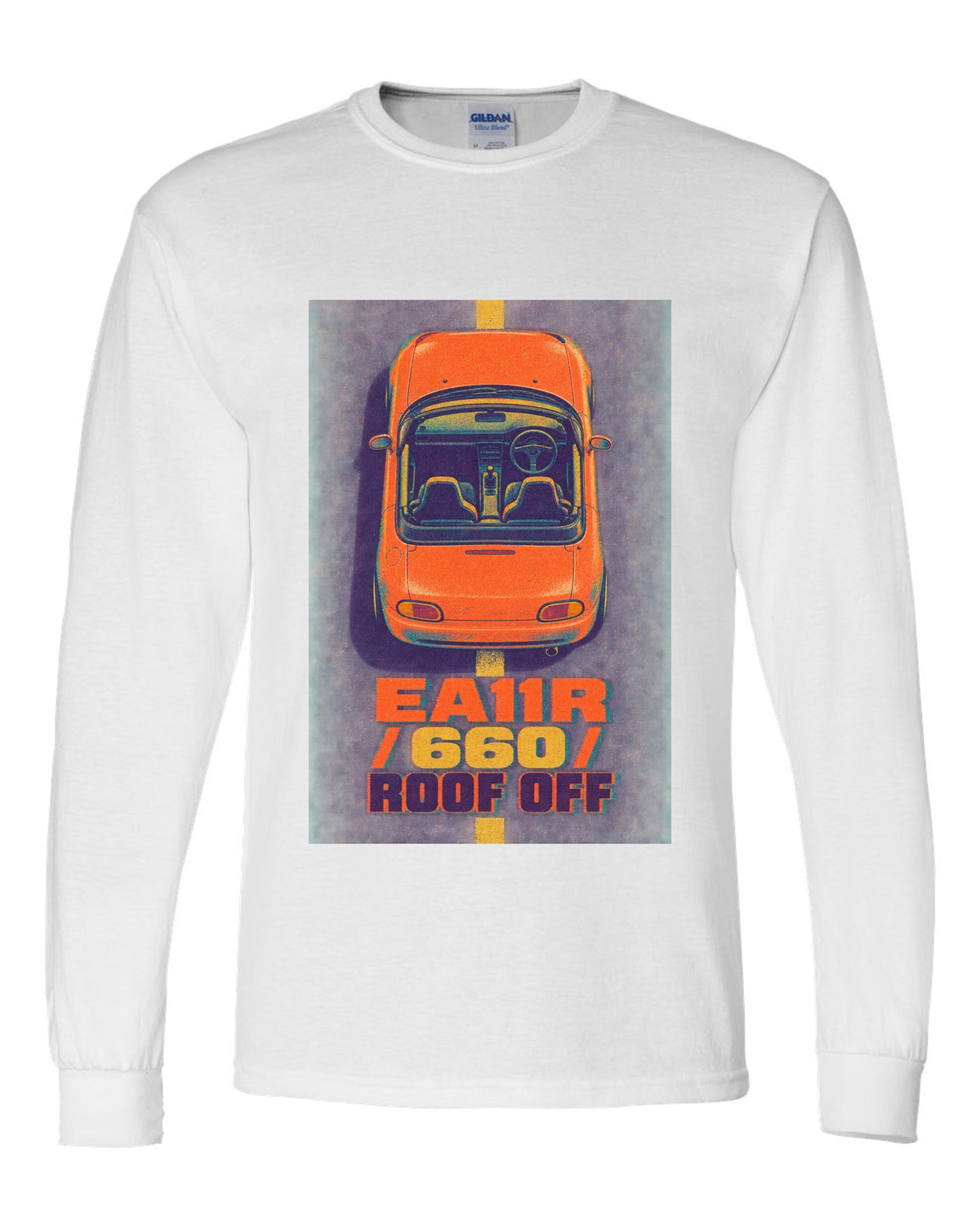 Risograph-style Suzuki Cappuccino EA11R with the text 660 and roof off white long sleeve front view with the design