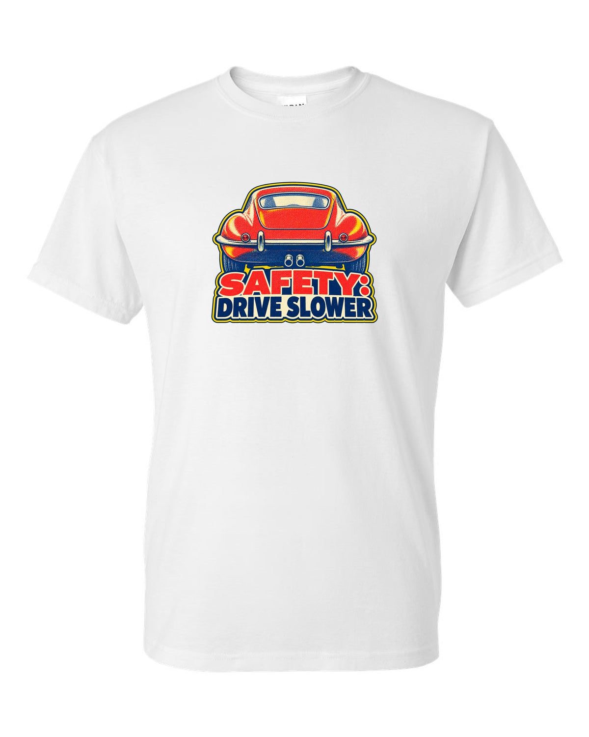 Jaguar E-Type Series 1 risograph print with SAFETY DRIVE SLOWER lettering white t-shirt front view with the design