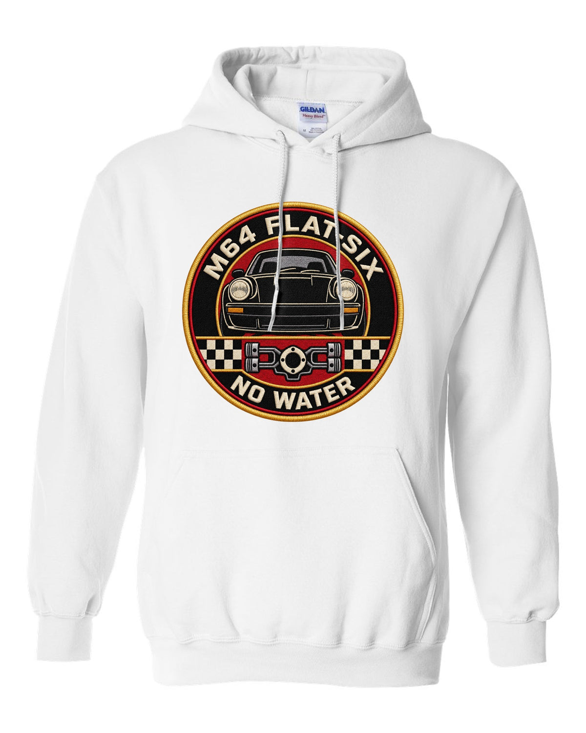 Round embroidery-style crest print for the Porsche 911 Turbo 964 with M64 flat-six no water lettering white pull over hoodie front view with the design