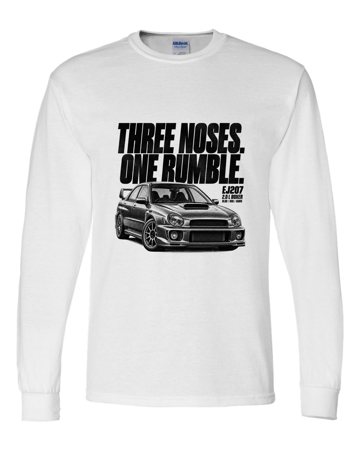 Halftone print of a Subaru Impreza WRX STi GDB with Blob Bug Hawk lettering white long sleeve front view with the design