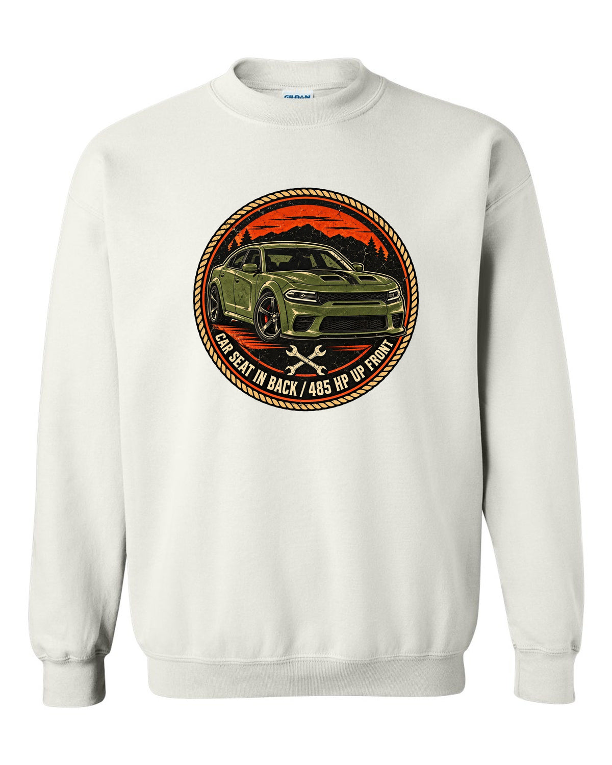 Vintage mechanic roundel patch design of a 2018 Dodge Charger Scat Pack with car seat caption white crewneck front view with the design
