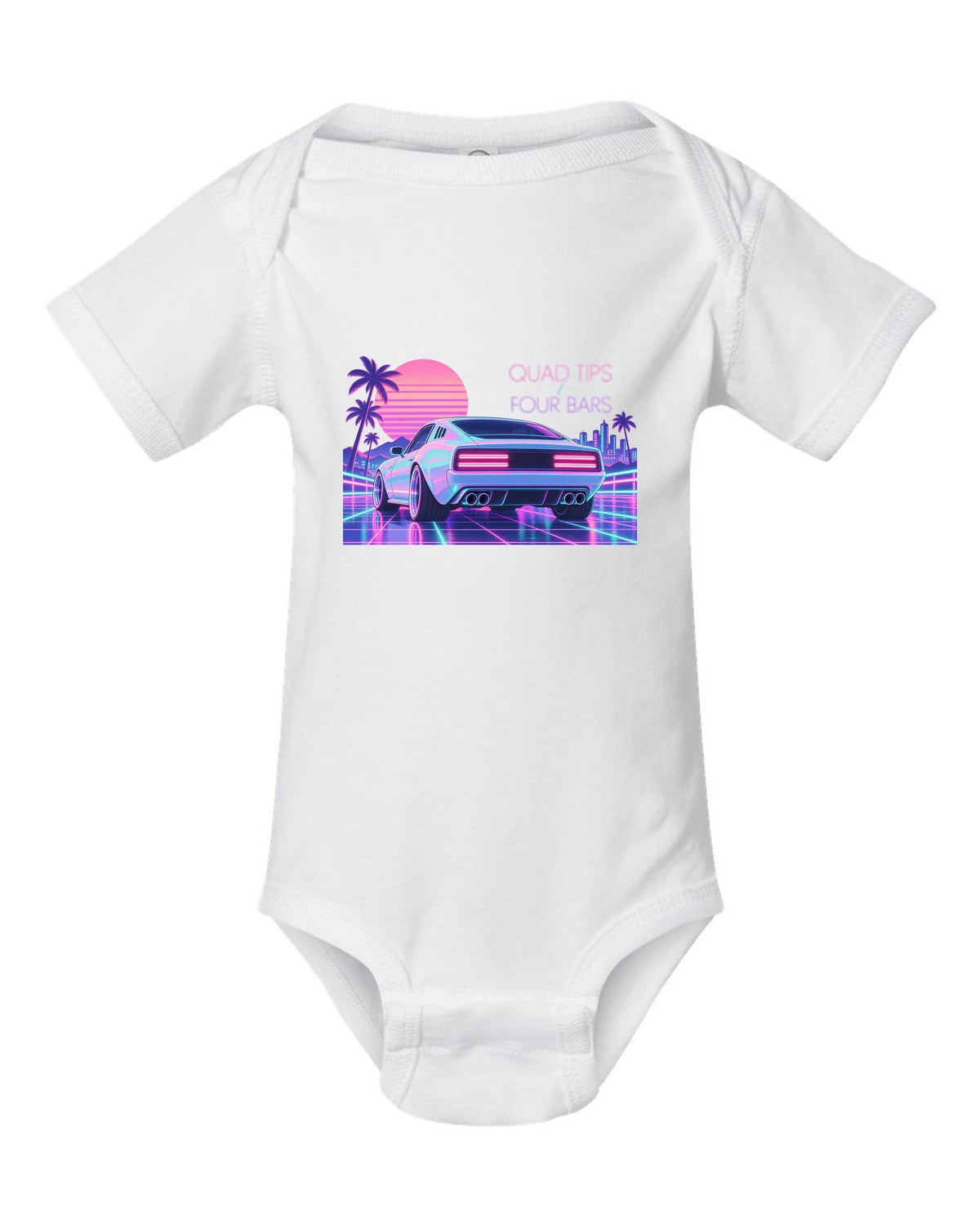 Kia Stinger GT CK vaporwave pastel rear view print with quad tips and four bars text white baby onesie front view with the design
