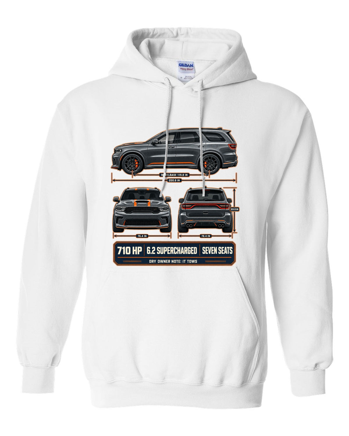Dodge Durango SRT Hellcat 2021 three-view drawing with spec table print white pull over hoodie front view with the design