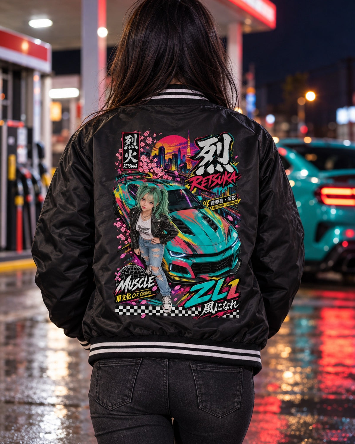 RETSUKA ZL1 Anime Girl Full-Back Graphic Tee Bomber Jacket Black worn hero