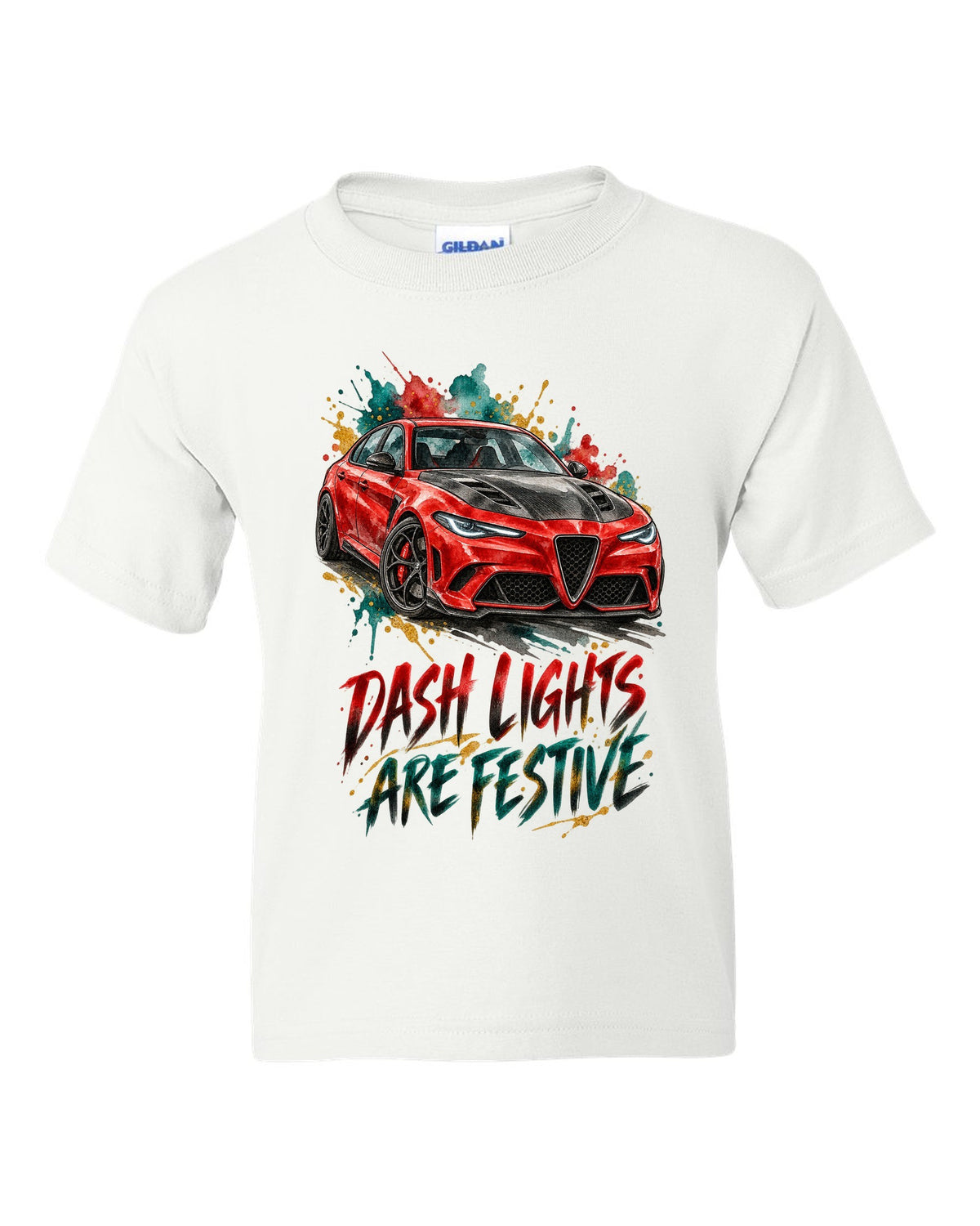 Watercolour ink illustration of an Alfa Romeo Giulia Quadrifoglio 952 with dash lights text on a tee back white kids tee front view with the design