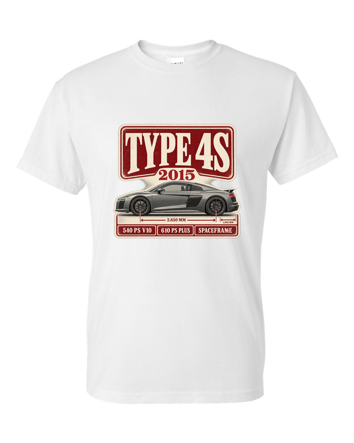Audi R8 V10 Type 4S 2015 launch archive panel print design white t-shirt front view with the design