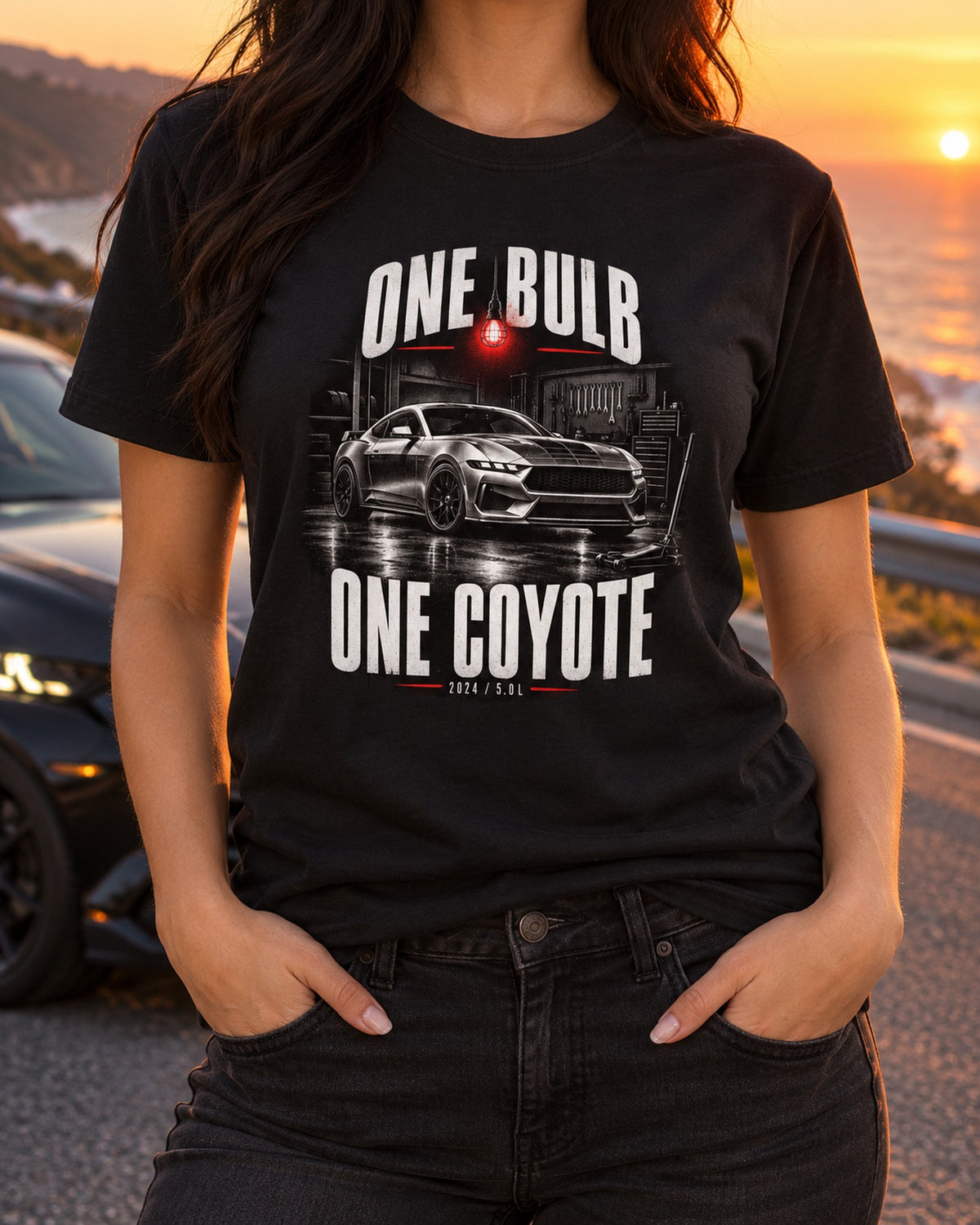 Ford Mustang S650 GT Coupe Garage Night print Tee T-Shirt Black worn hero