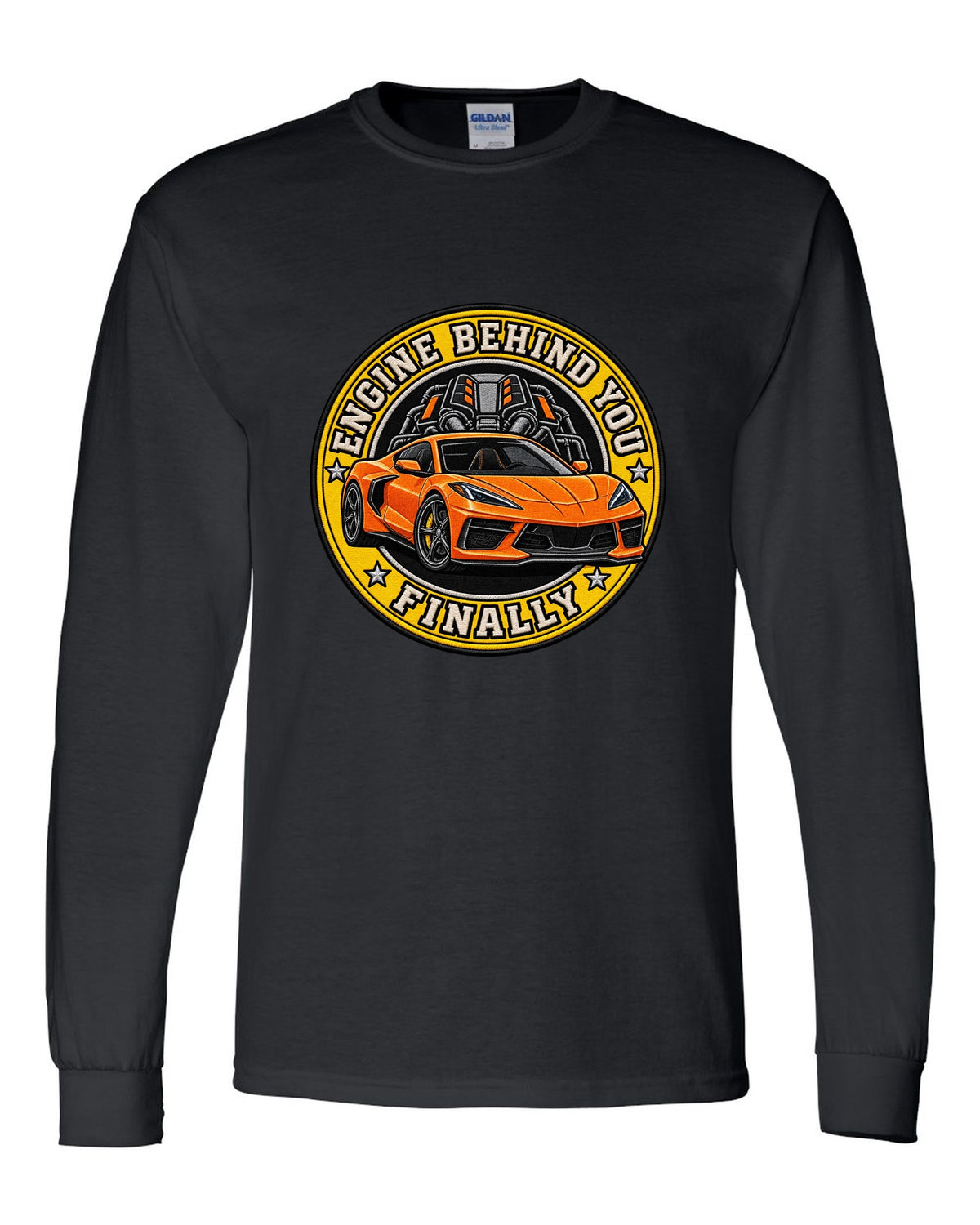 Varsity shield crest print of a 2020 Chevrolet Corvette C8 Stingray with engine behind you finally lettering black long sleeve front view with the design