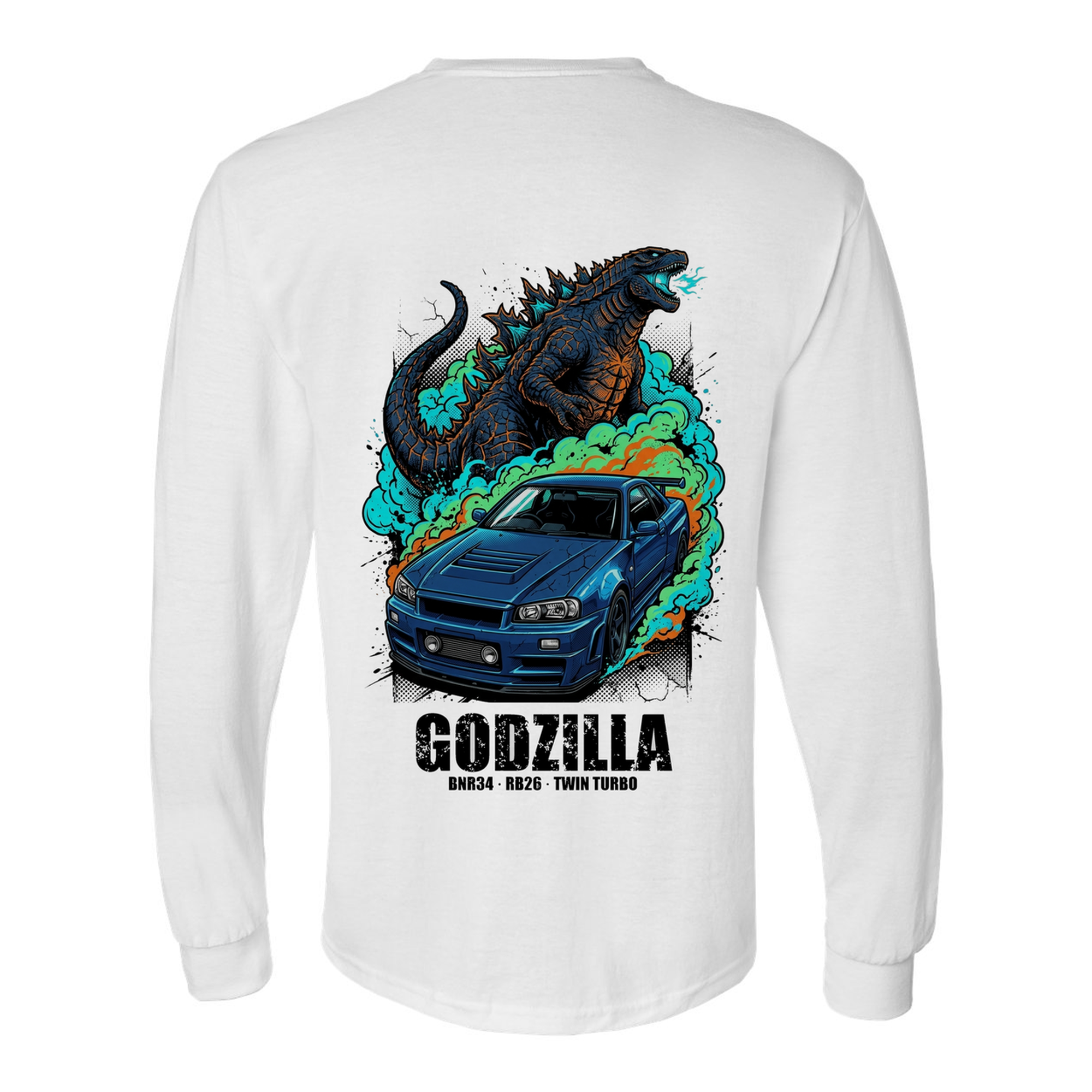 Nissan GT-R R34 Godzilla Long Sleeve T-Shirt — White back