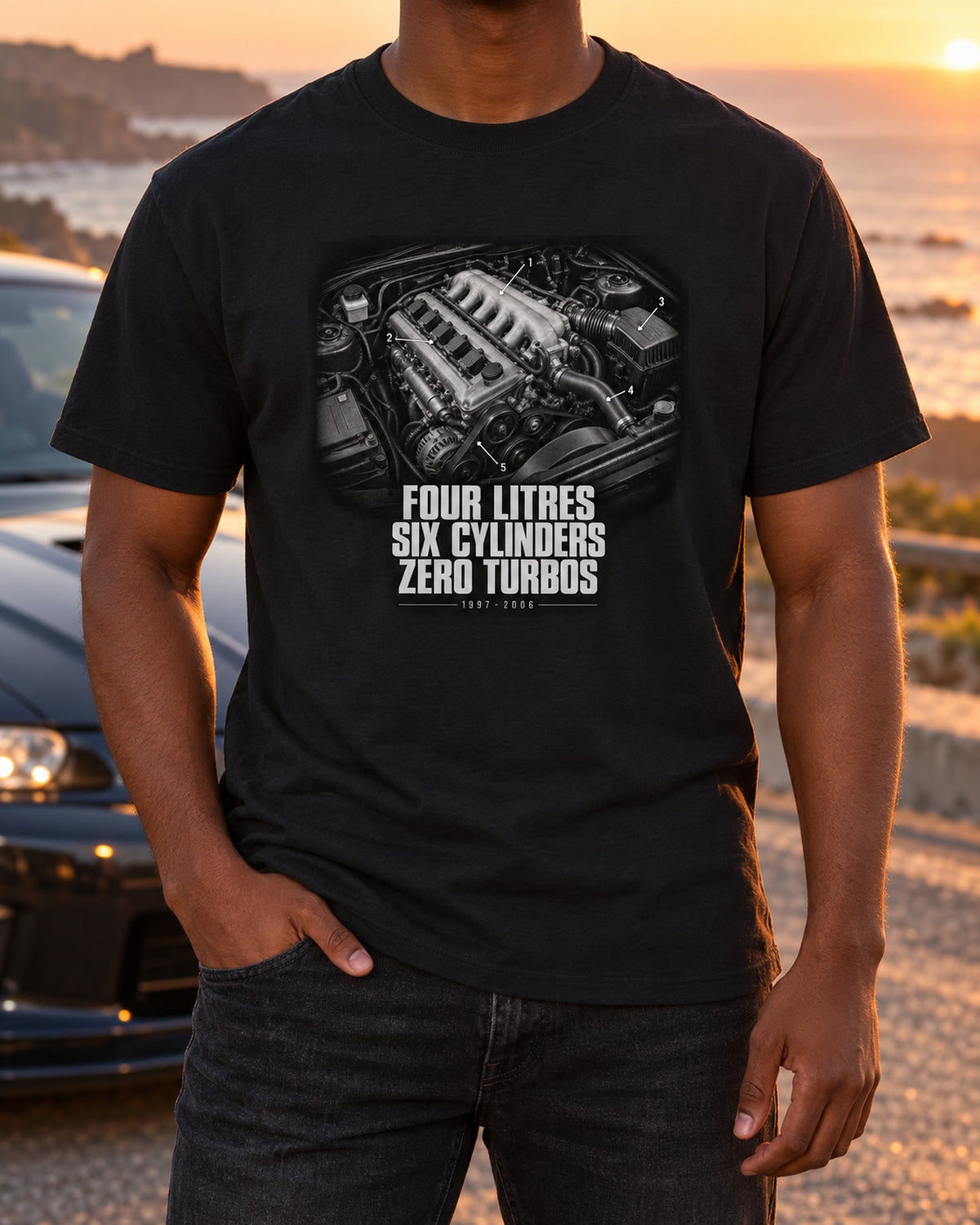Jeep Wrangler TJ Four Litres Six Cylinders Engine Tee T-Shirt Black worn hero