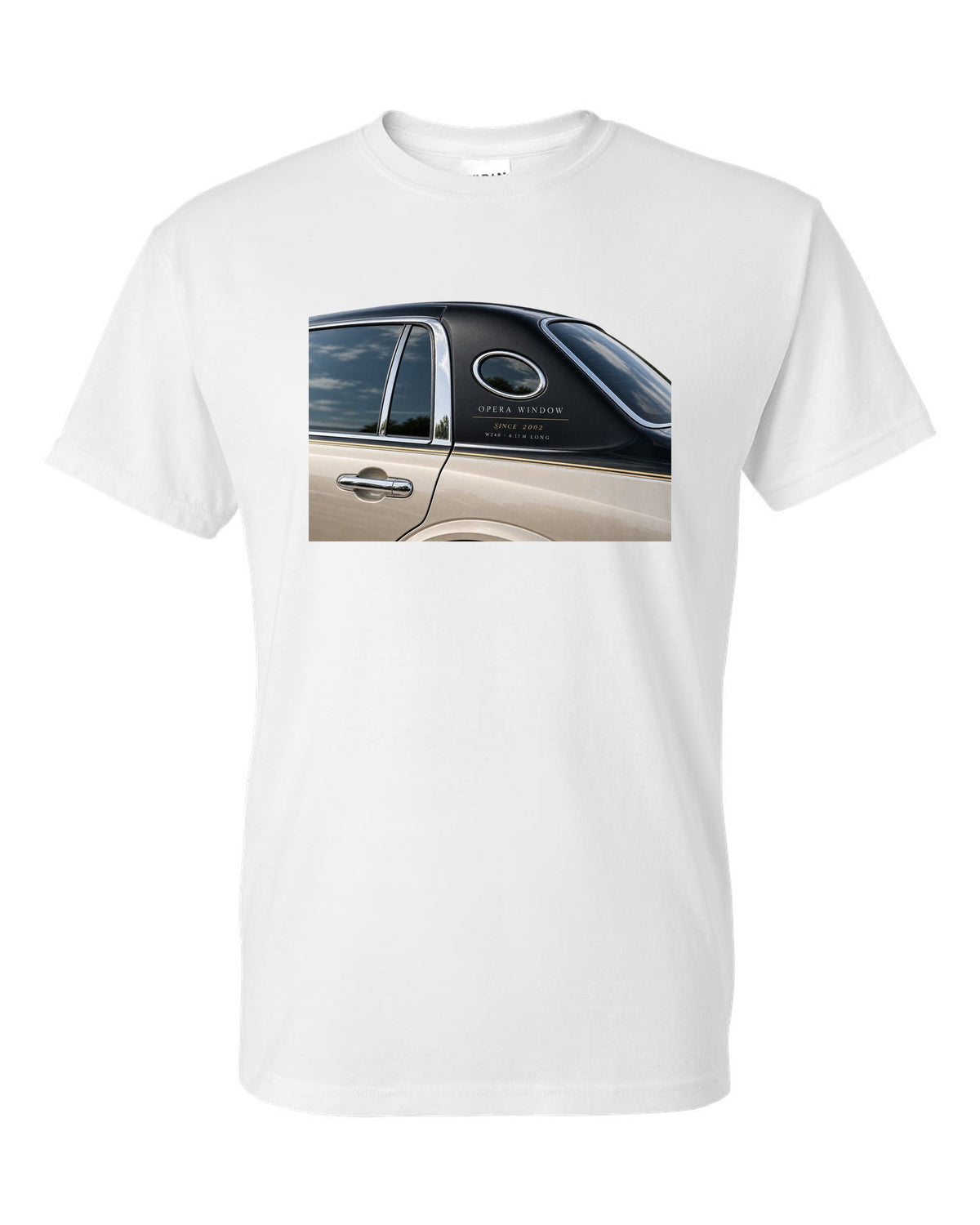Detail macro print of a Maybach 62 W240 opera window with Since 2002 lettering white t-shirt front view with the design