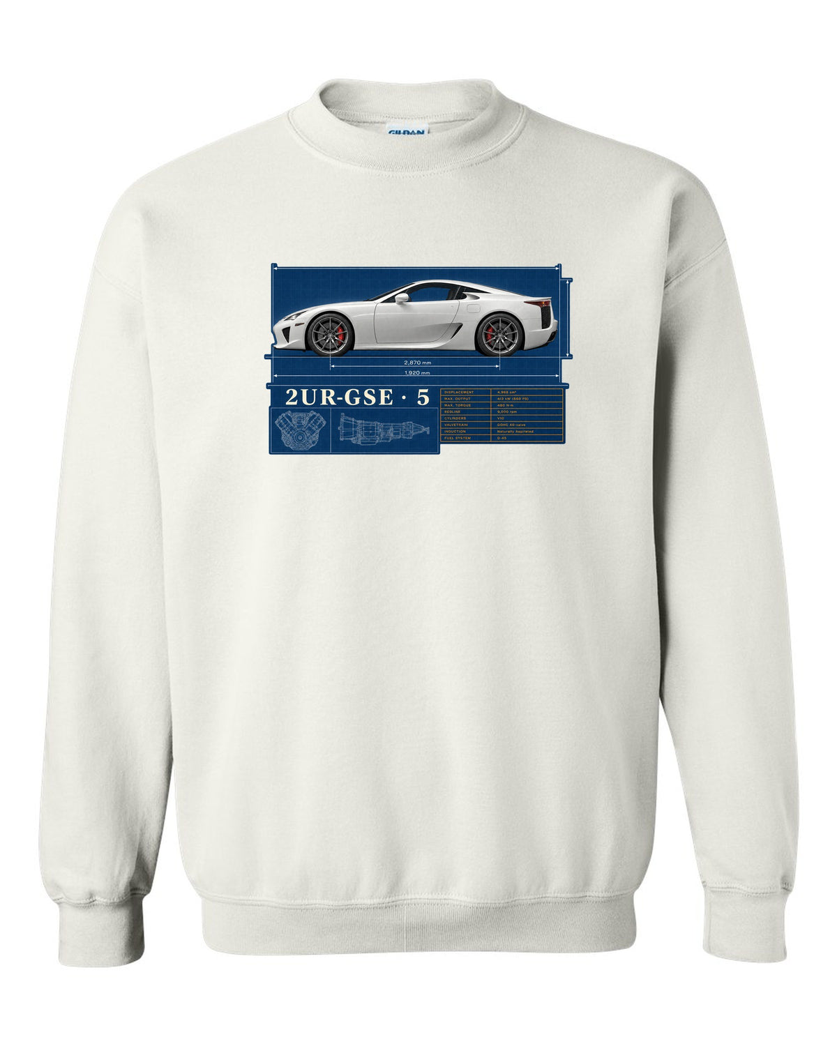 Spec poster of the Lexus LFA10 with power, weight and top speed figures white crewneck front view with the design