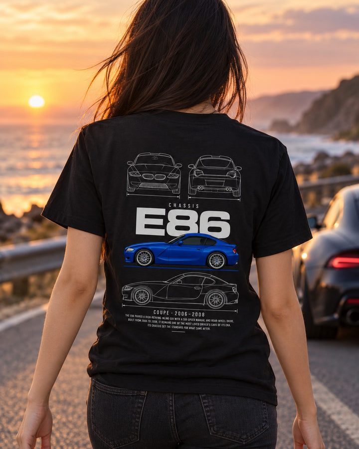 BMW Z4 M coupe (E86) Blueprint Full-Back Graphic Tee, E86 Chassis Code T-Shirt Black worn hero