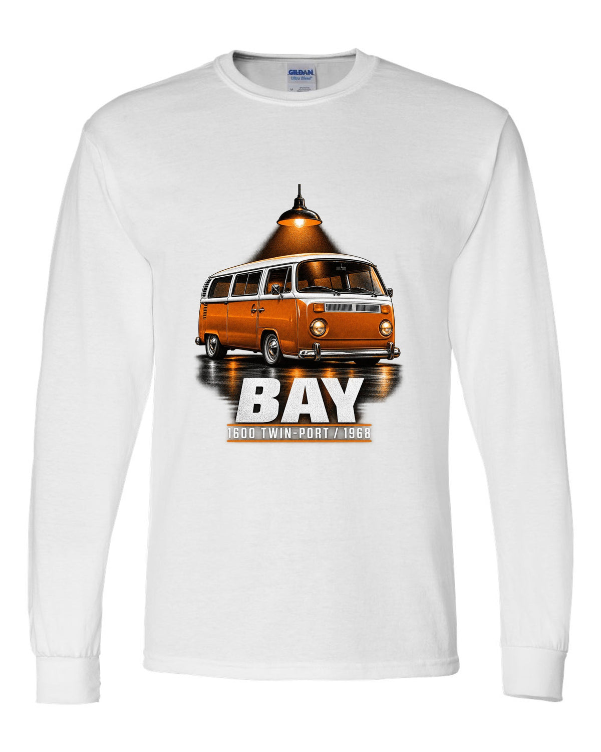 Garage night print of a 1968 VW T2 bay-window Type 2 bus white long sleeve front view with the design