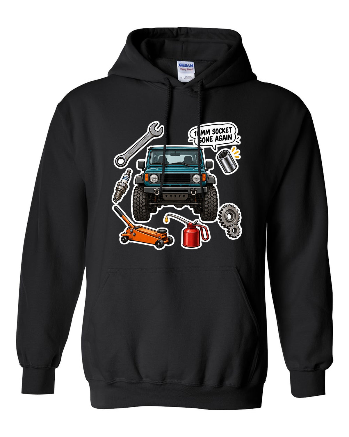 Jeep Wrangler TJ sticker bomb collage design with 10mm socket gone again text black pull over hoodie front view with the design