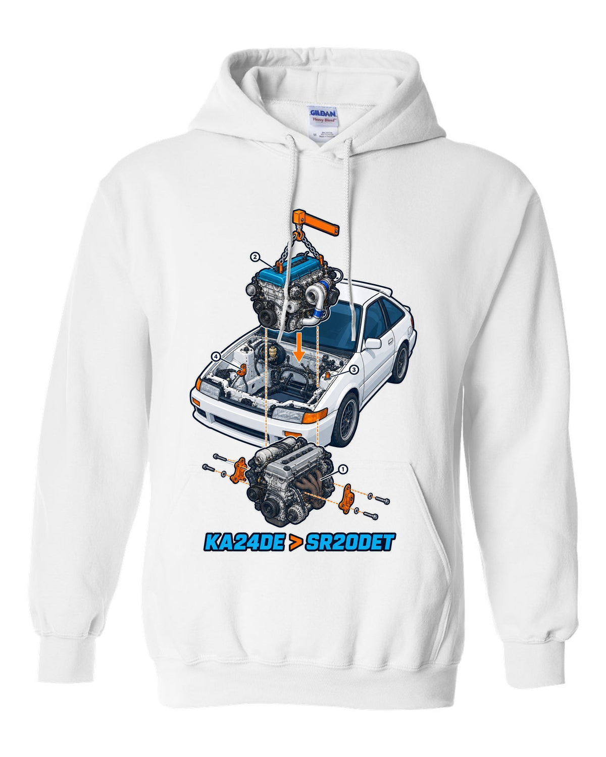 Exploded isometric engine cutaway for a Nissan S13 KA24DE to SR20DET swap white pull over hoodie front view with the design