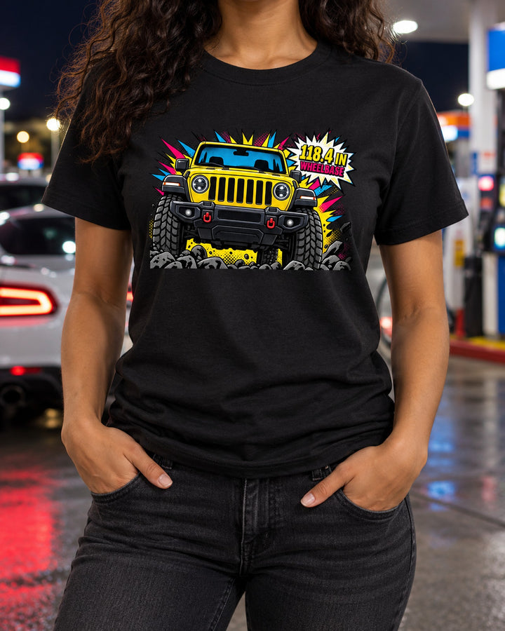 Jeep Wrangler JLU 118.4 Inch Wheelbase Pop Art Panel Tee T-Shirt Black worn hero