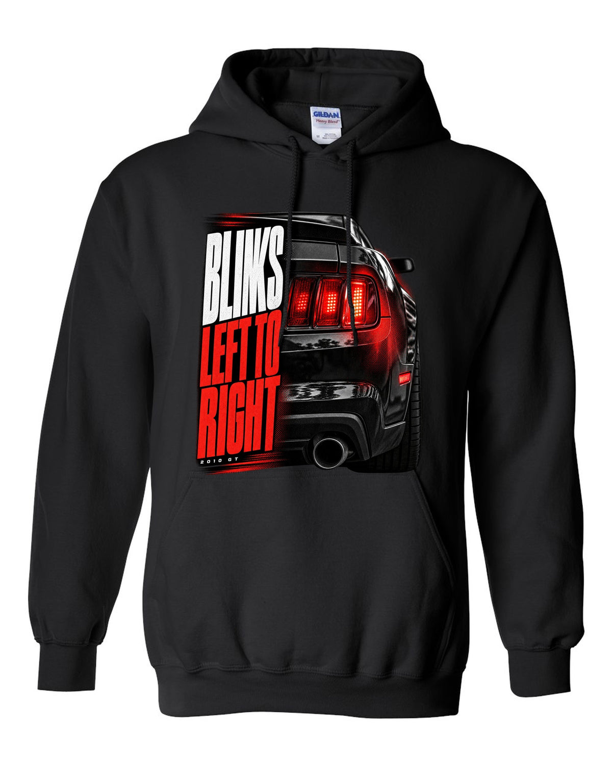 Macro print of a 2010 Ford Mustang S197 GT taillight black pull over hoodie front view with the design