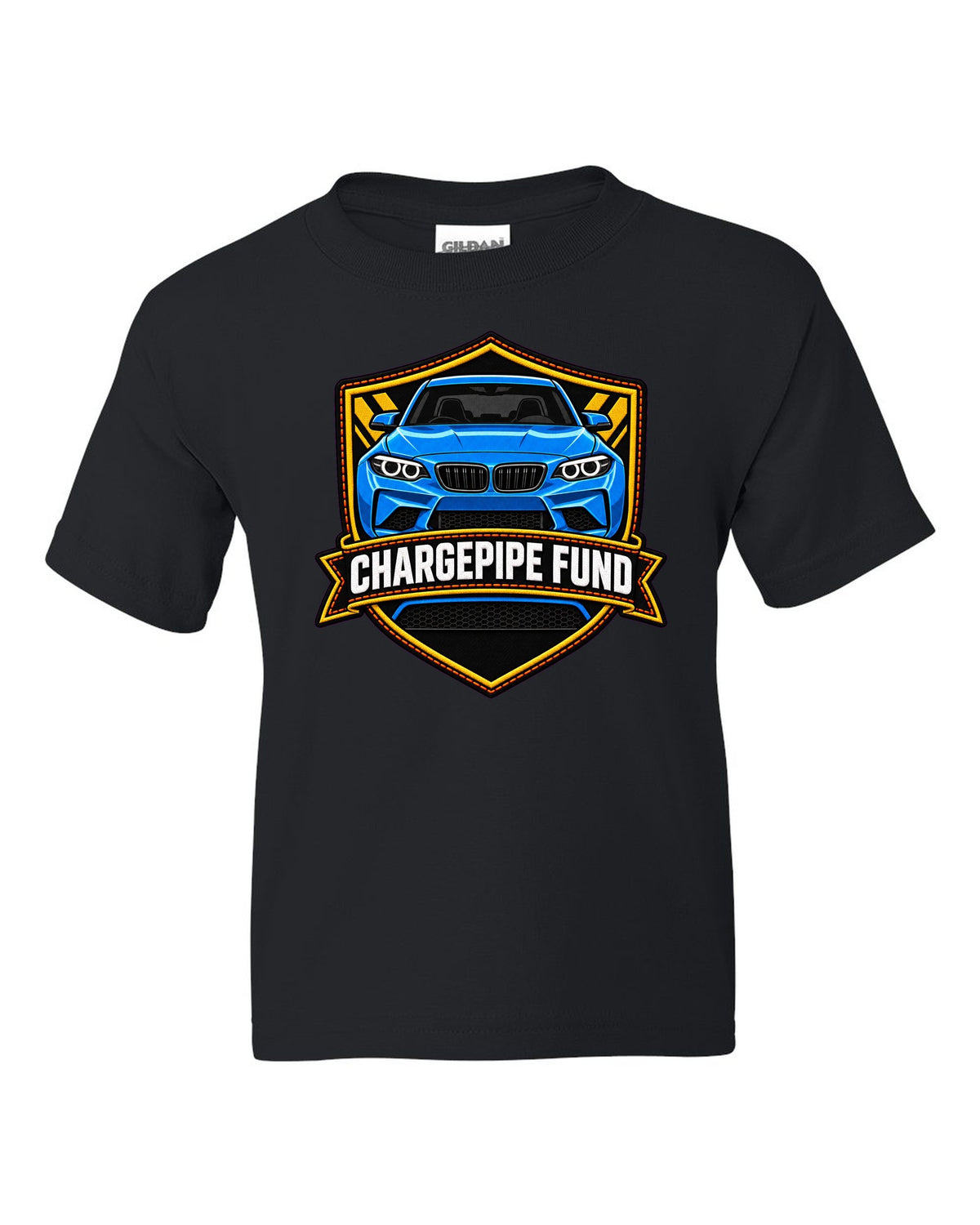 Linocut woodcut-style print of a BMW M2 G87 brake duct with 453 HP text black kids tee front view with the design