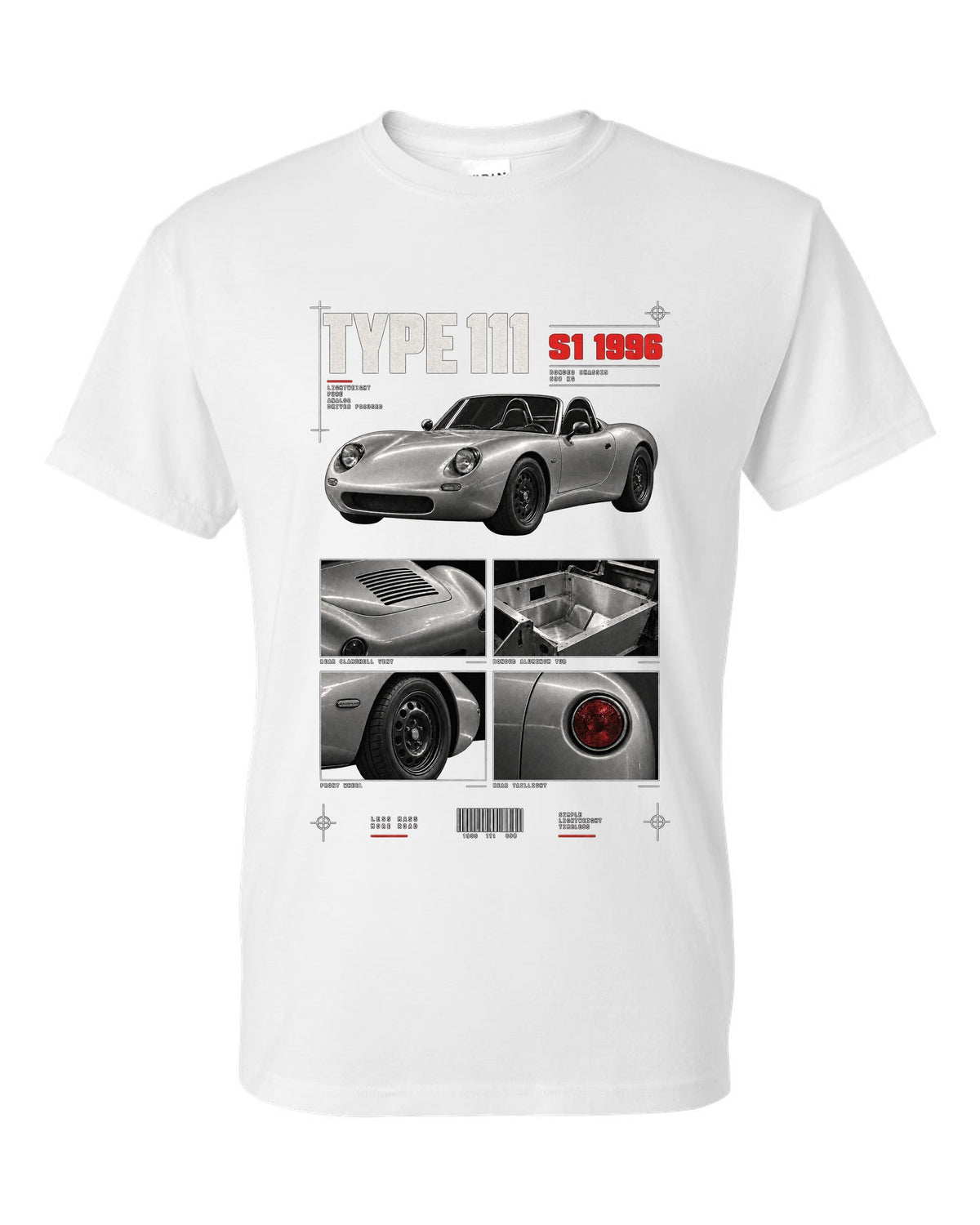 Dossier panel print of a 1996 Lotus Elise S1 Type 111 with bonded aluminium chassis white t-shirt front view with the design