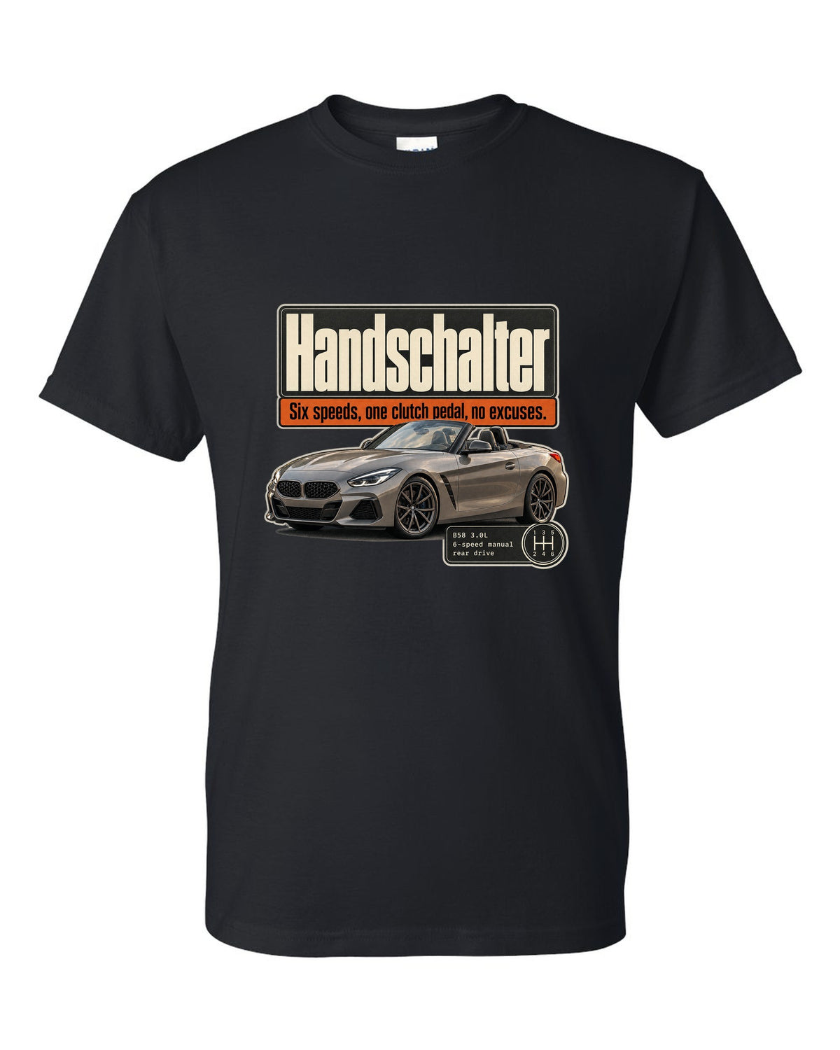 Editorial print for the BMW Z4 M40i six-speed manual labelled Handschalter black t-shirt front view with the design