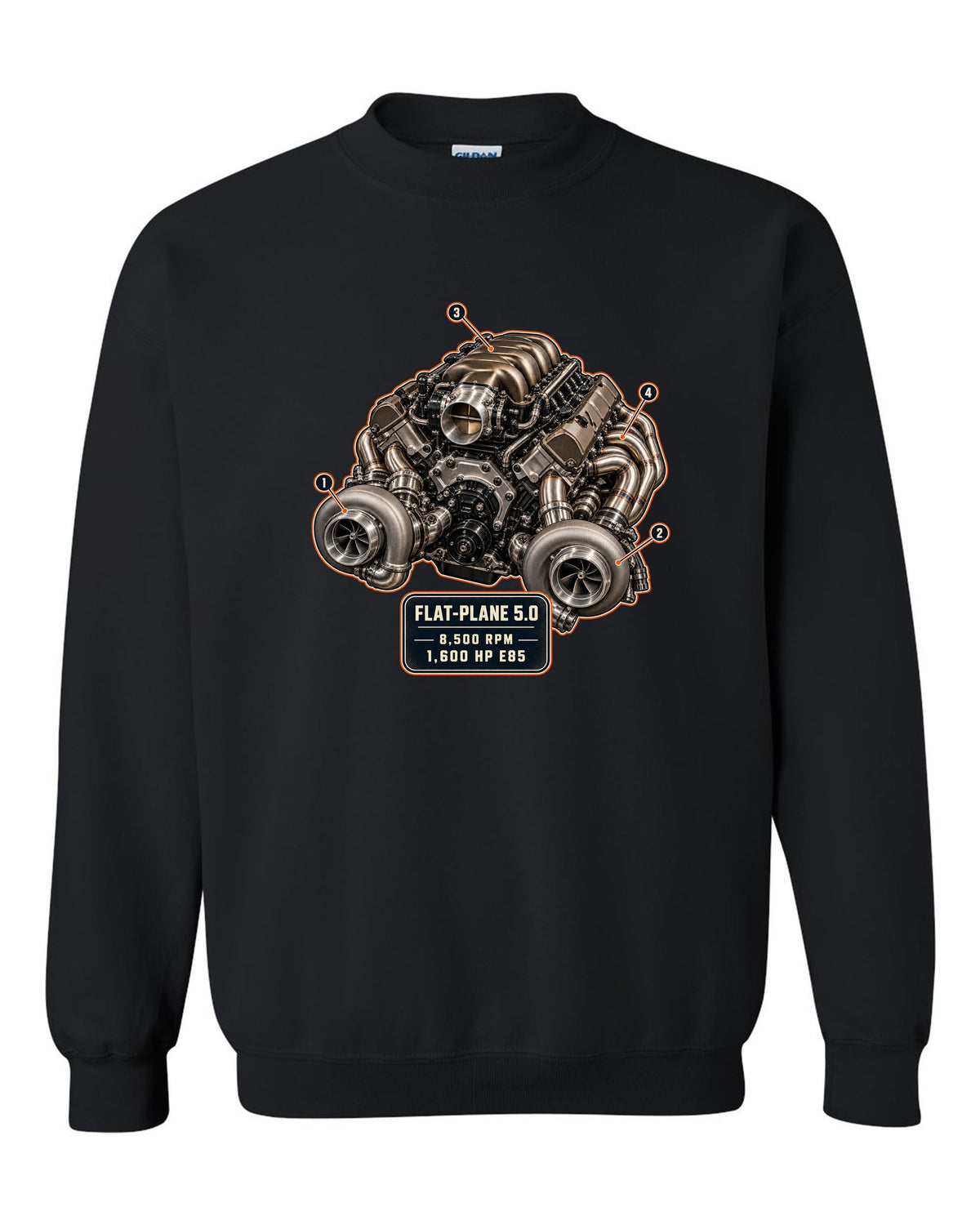 Engine hero illustration of the Koenigsegg Jesko 5.0 litre twin-turbo flat-plane V8, print black crewneck front view with the design