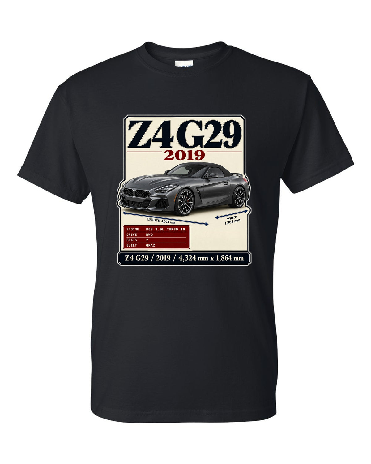 Archive plate print of the BMW Z4 G29 M40i First Edition with 2019 and dimensions black t-shirt front view with the design