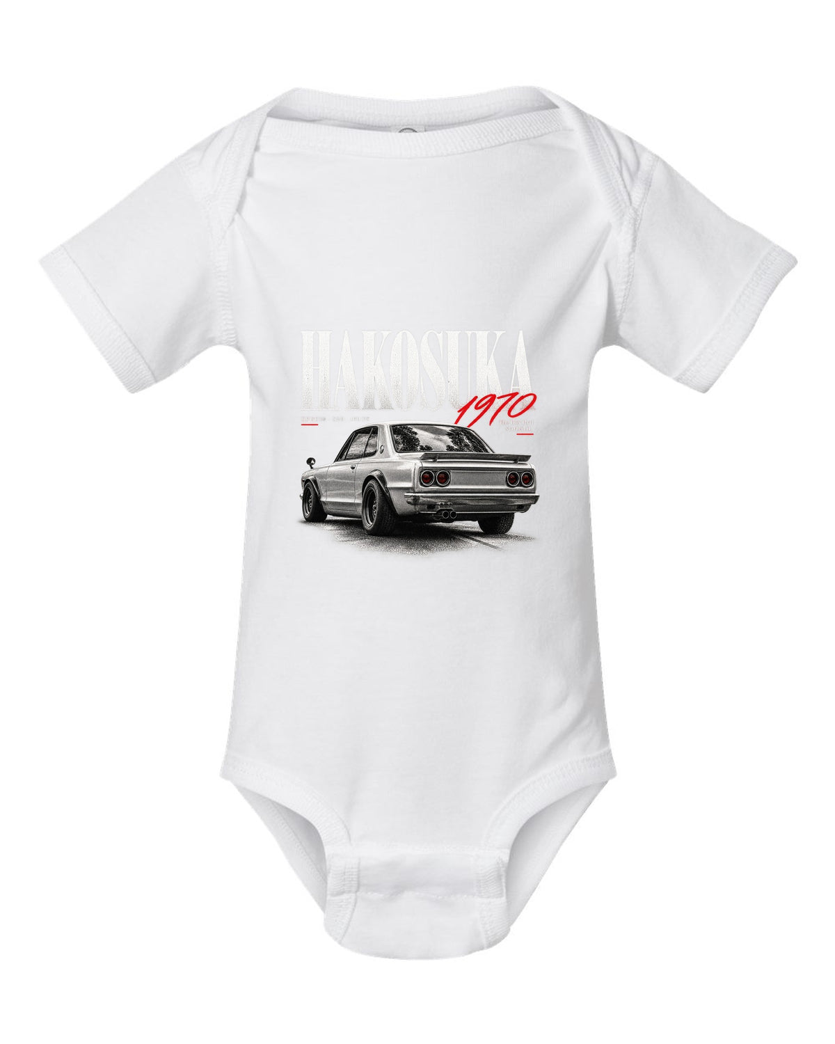 Editorial headline print of a Nissan Skyline 2000GT-R KPGC10 Hakosuka white baby onesie front view with the design