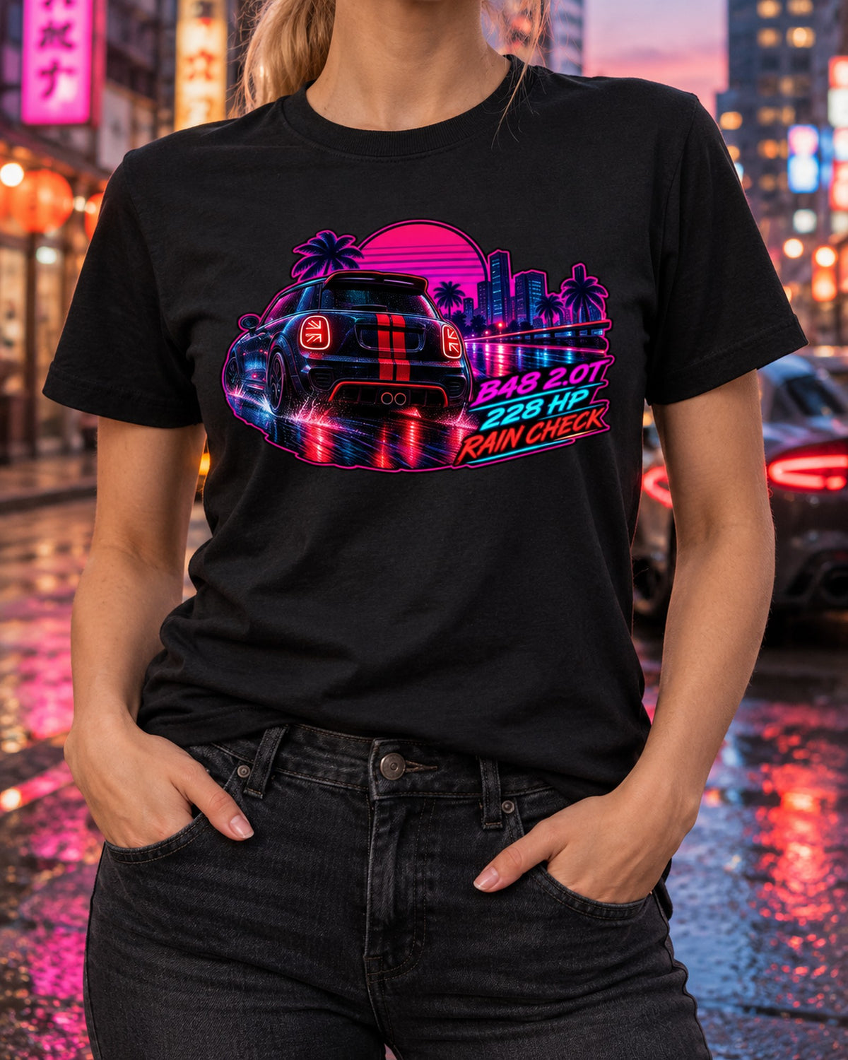 Mini JCW F56 Synthwave Rain Tail Shirt, Union Jack Tail Lights T-Shirt Black worn hero