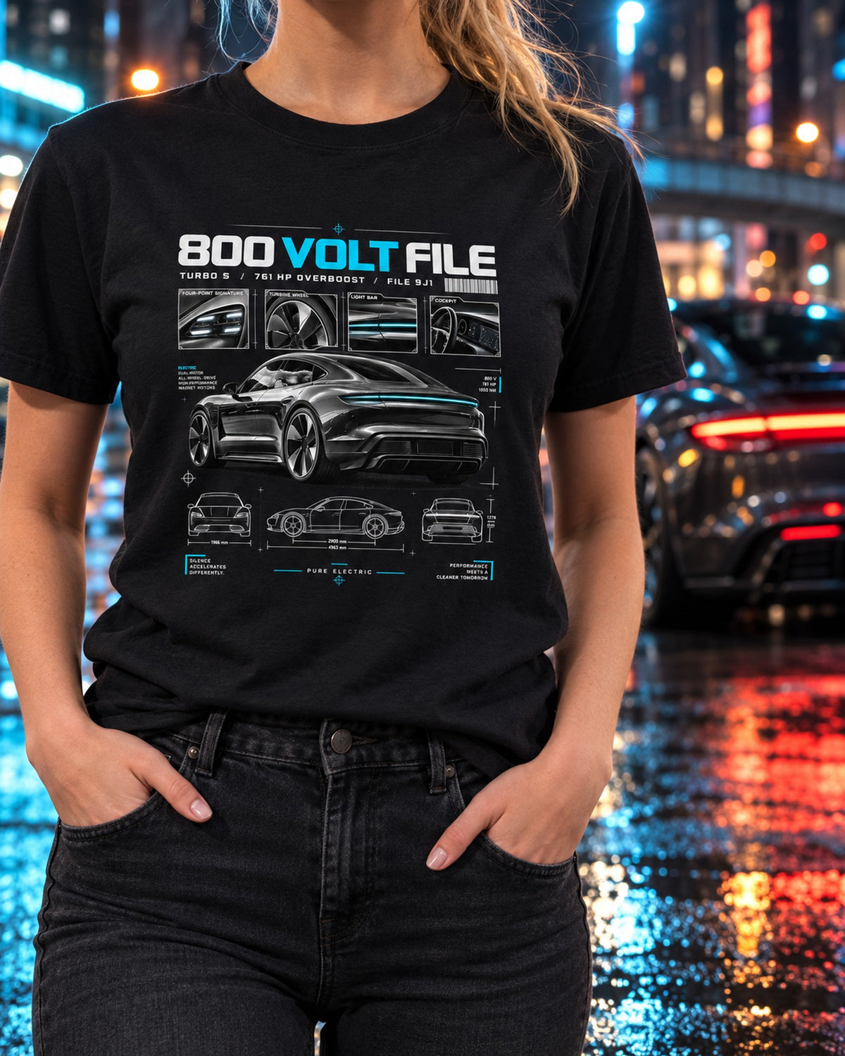 Porsche Taycan Turbo S 9J1 800 Volt File Dossier Shirt T-Shirt Black worn hero