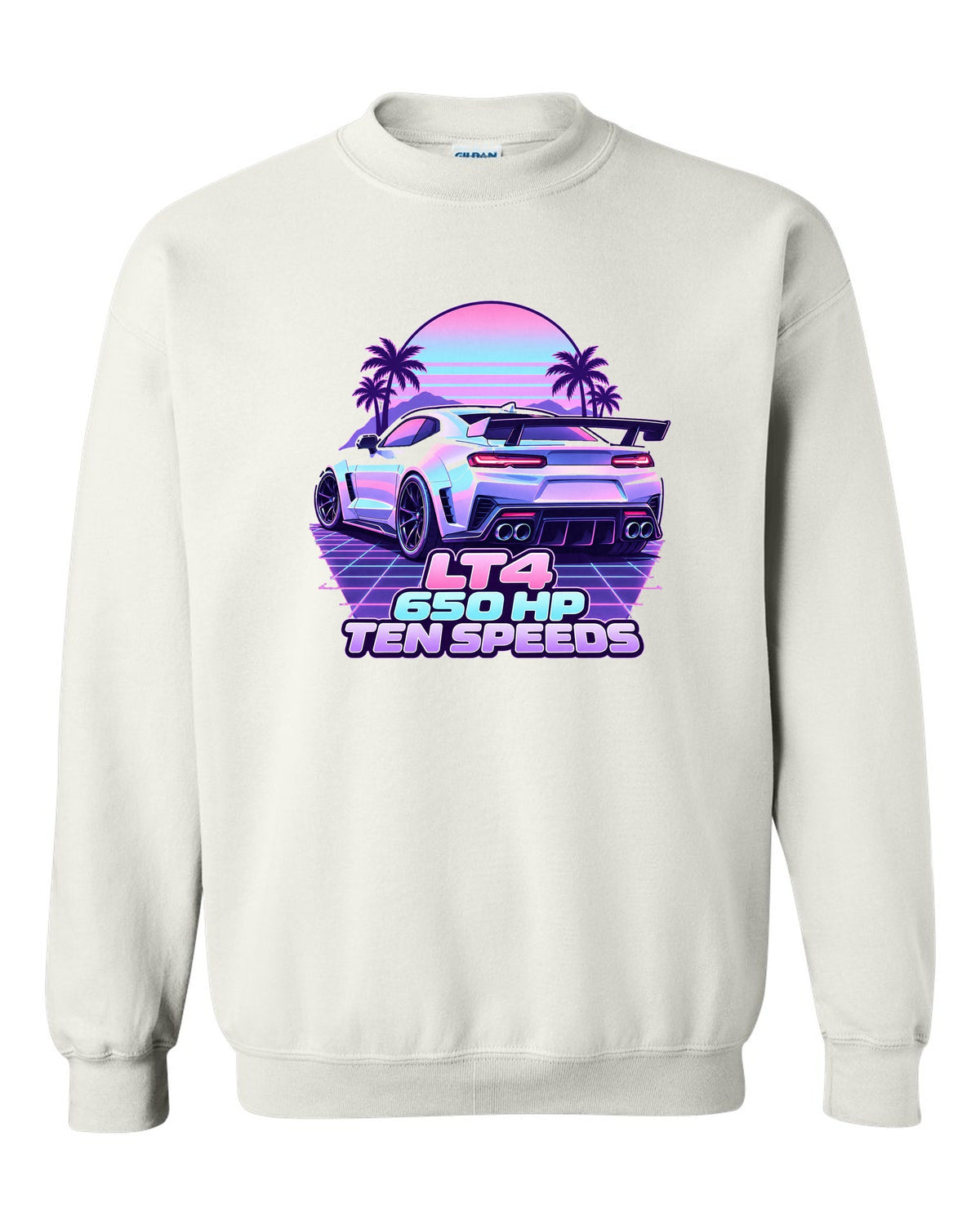 2019 Chevrolet Camaro ZL1 LT4 vaporwave pastel print with 650 HP text white crewneck front view with the design